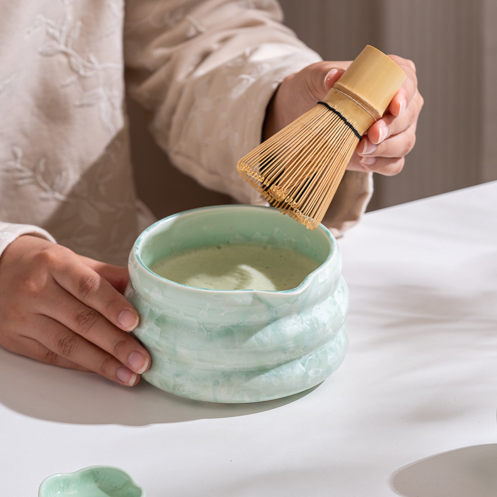 Green Crystalline Glaze Matcha Bowl Set with Whisk Strainer