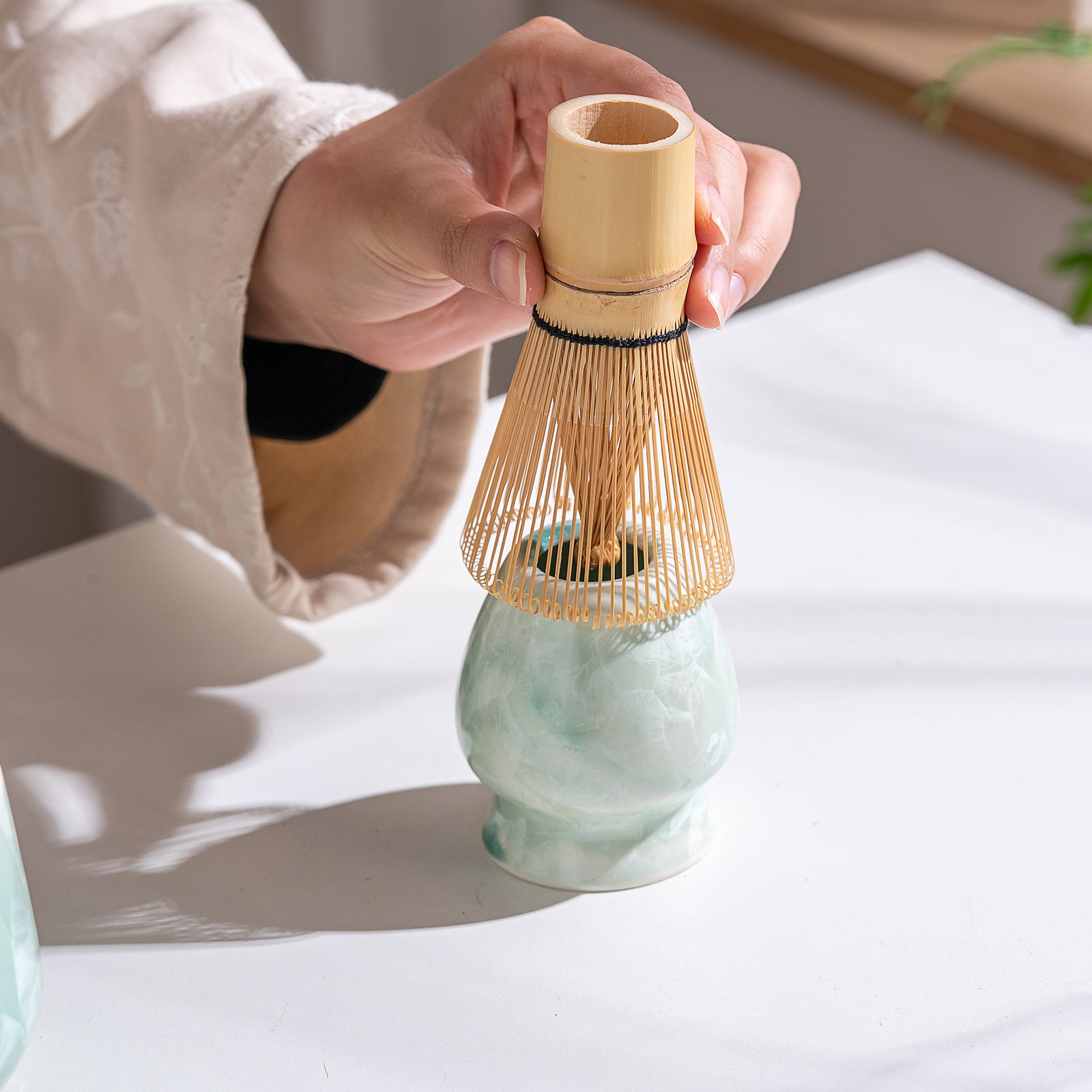 Green Crystalline Glaze Matcha Bowl Set with Whisk Strainer