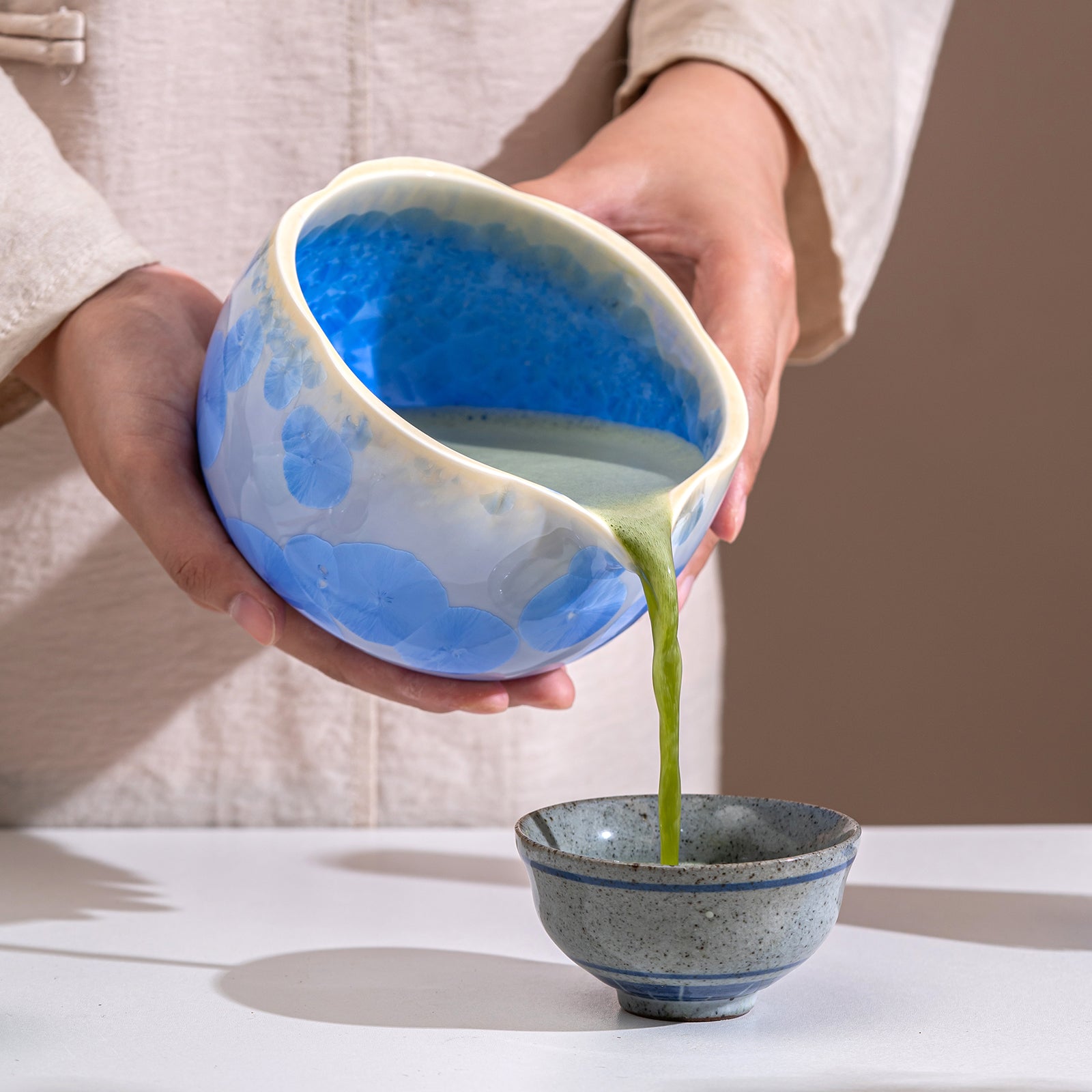 Matcha Bowl Set - Crystalline Glaze Blue Floral Design： Complete Matcha Kit for Traditional Ceremony