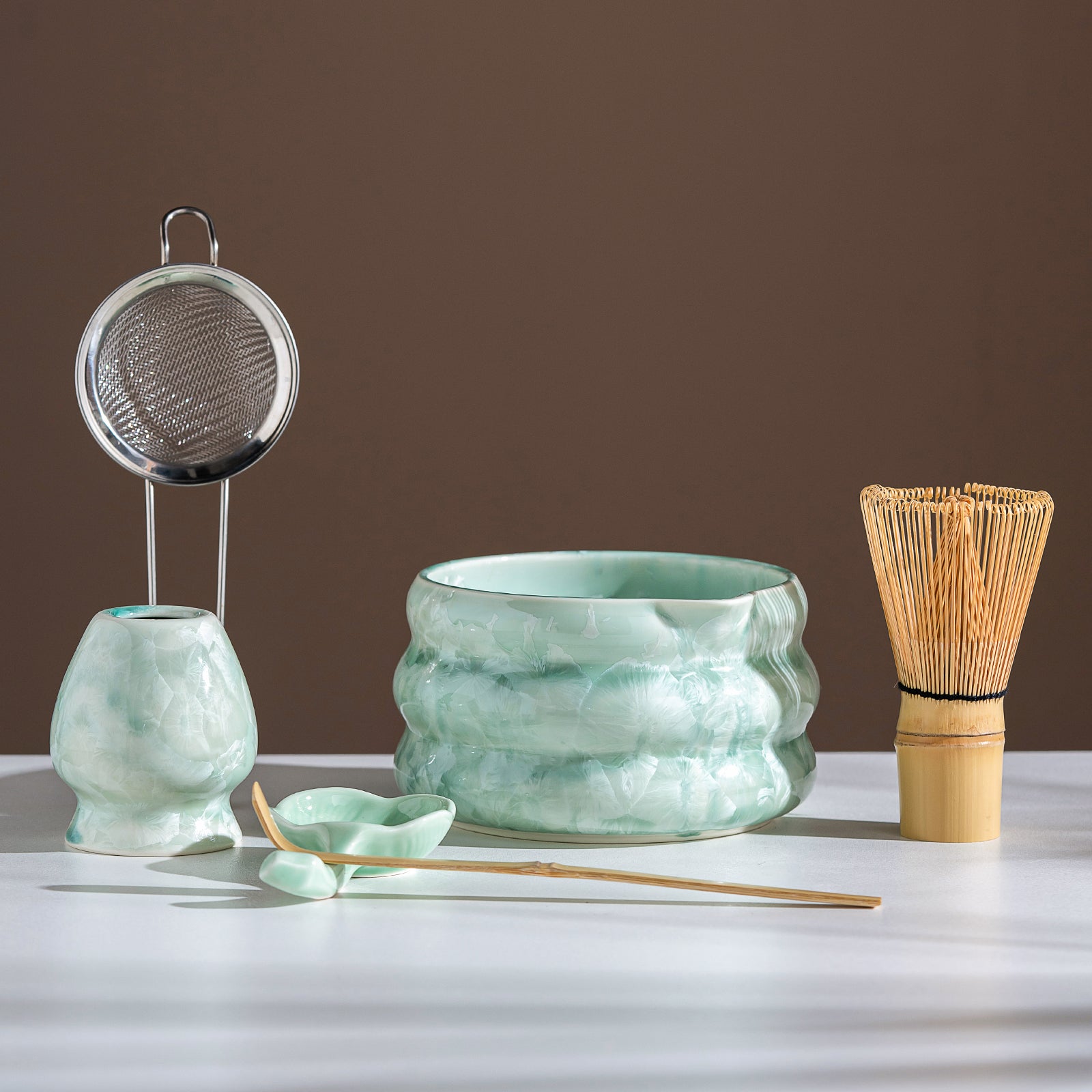 Green Crystalline Glaze Matcha Bowl Set with Whisk Strainer