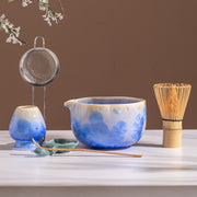 Matcha Bowl Set - Crystalline Glaze Blue Floral Design： Complete Matcha Kit for Traditional Ceremony