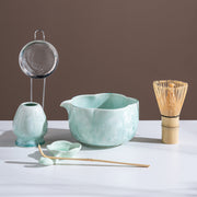 Green Petal Edge Crystalline Glaze Matcha Set with Bamboo Whisk