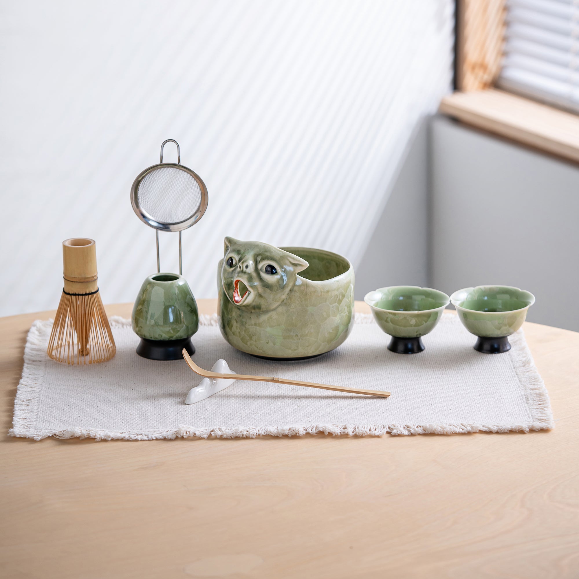 Green Ceramic 3D Cat Matcha Bowl Set, Japanese Tea Ceremony Kit