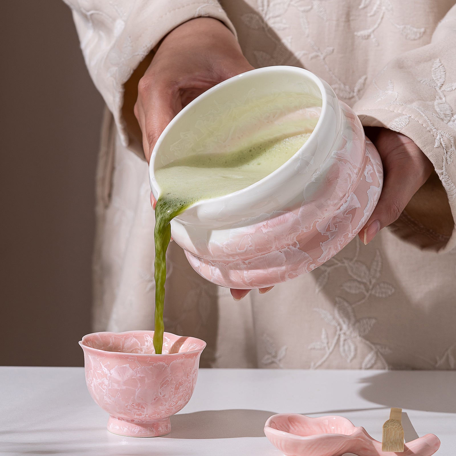 Pink Crystalline Glaze Matcha Bowl Set with Whisk Strainer