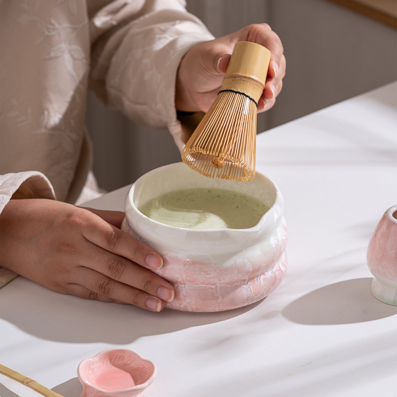 Pink Crystalline Glaze Matcha Bowl Set with Whisk Strainer
