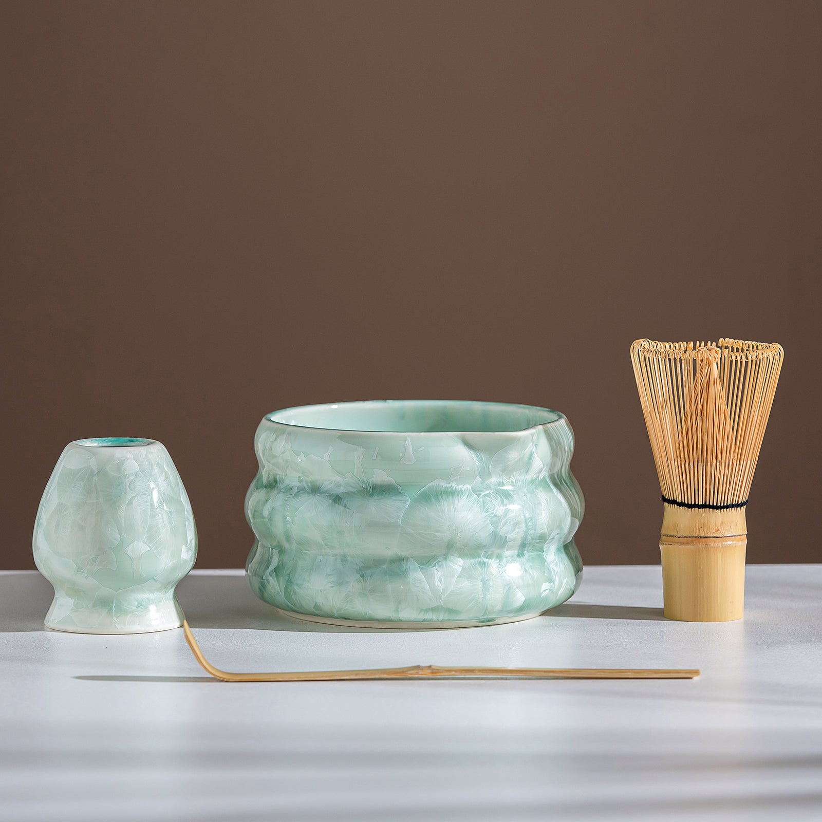 Green Crystalline Glaze Matcha Bowl Set with Whisk Strainer