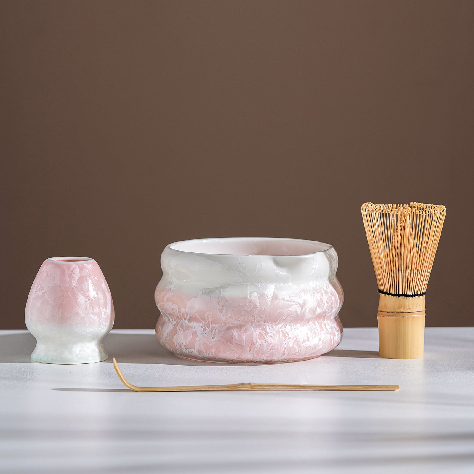 Pink Crystalline Glaze Matcha Bowl Set with Whisk Strainer