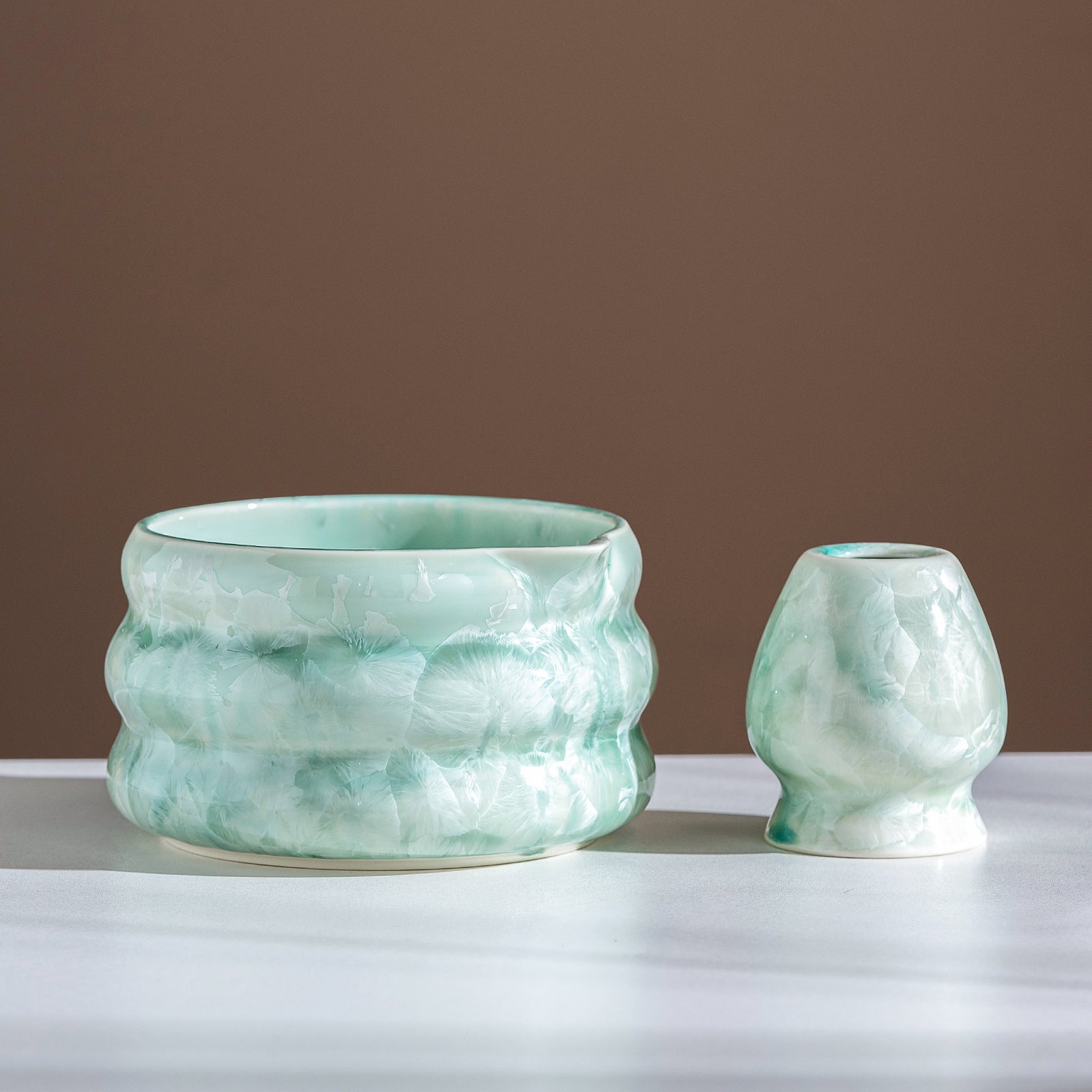 Green Crystalline Glaze Matcha Bowl Set with Whisk Strainer