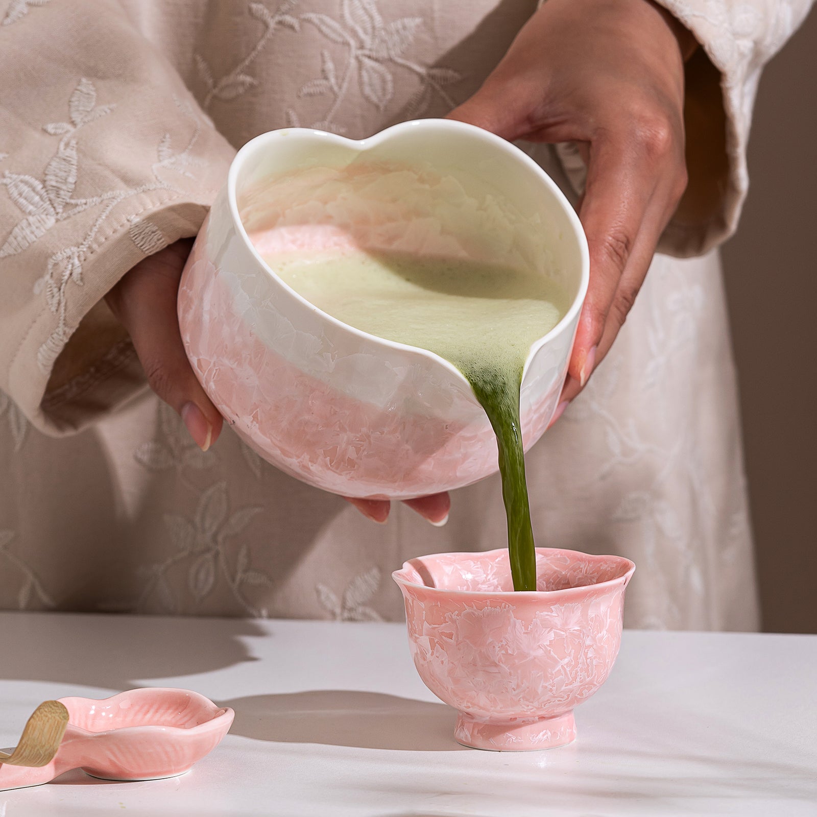 Pink Crystalline Glaze Heart Shaped Matcha Bowl Set