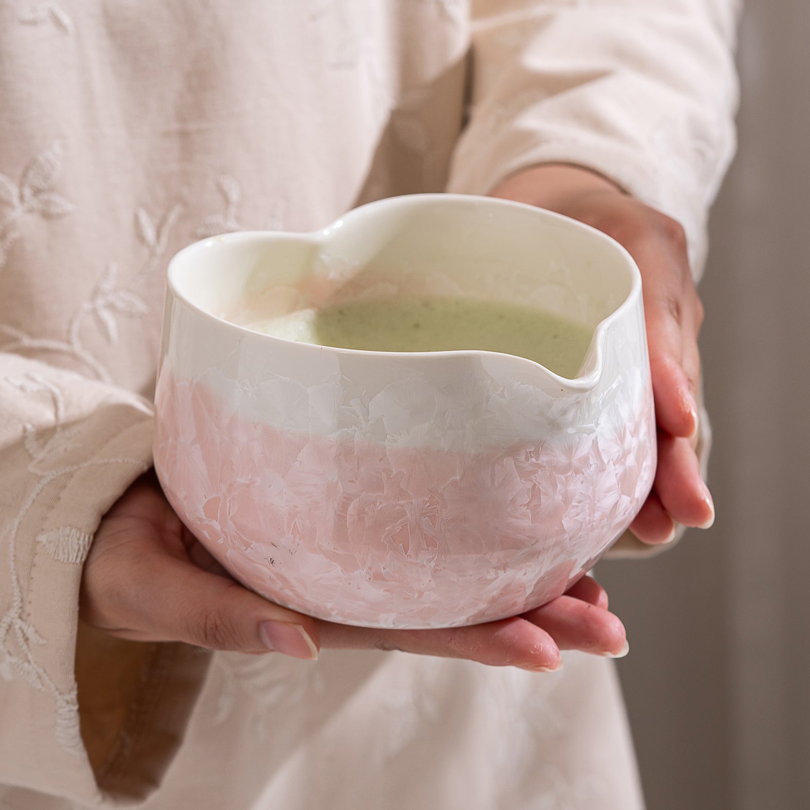 Pink Crystalline Glaze Heart Shaped Matcha Bowl Set