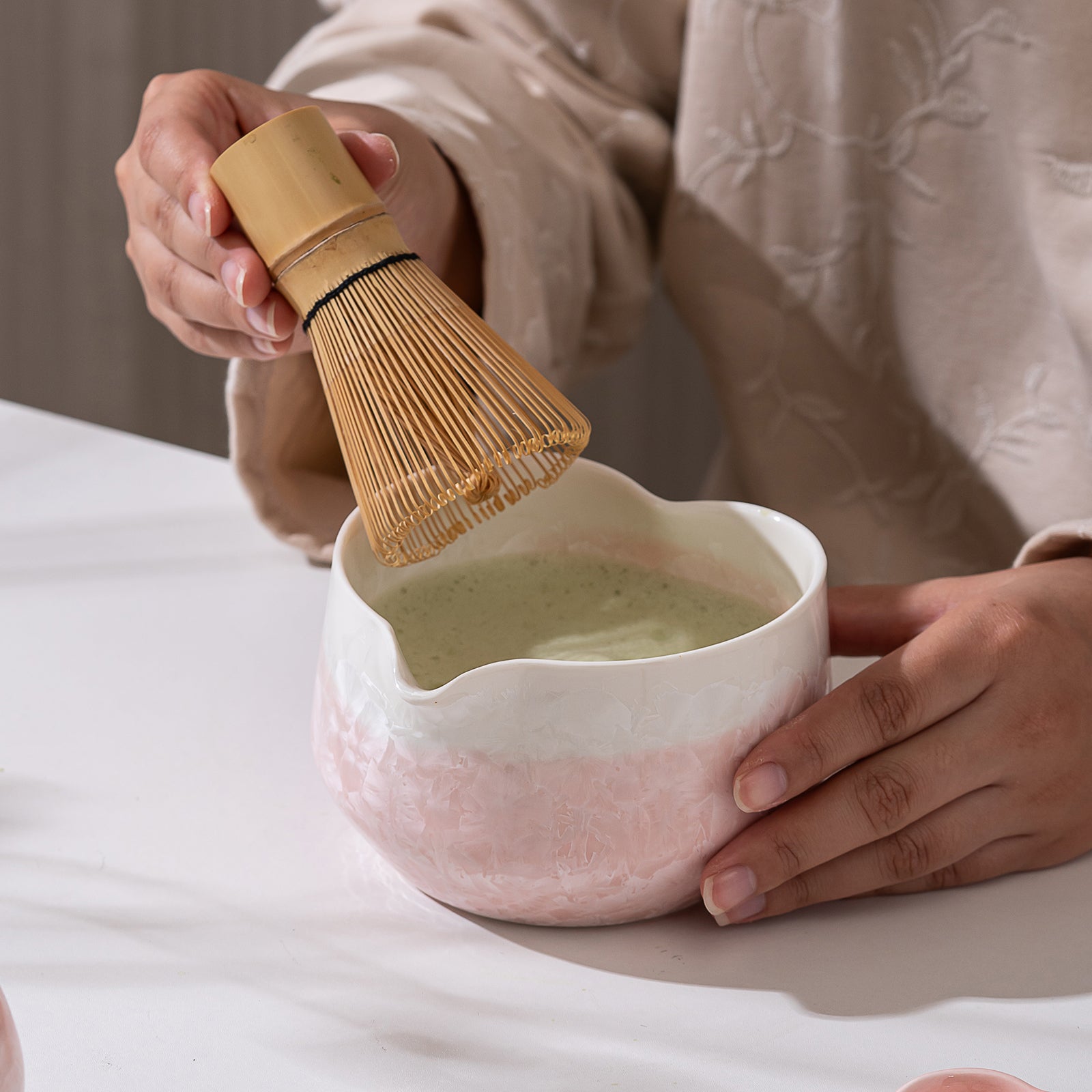 Pink Crystalline Glaze Heart Shaped Matcha Bowl Set