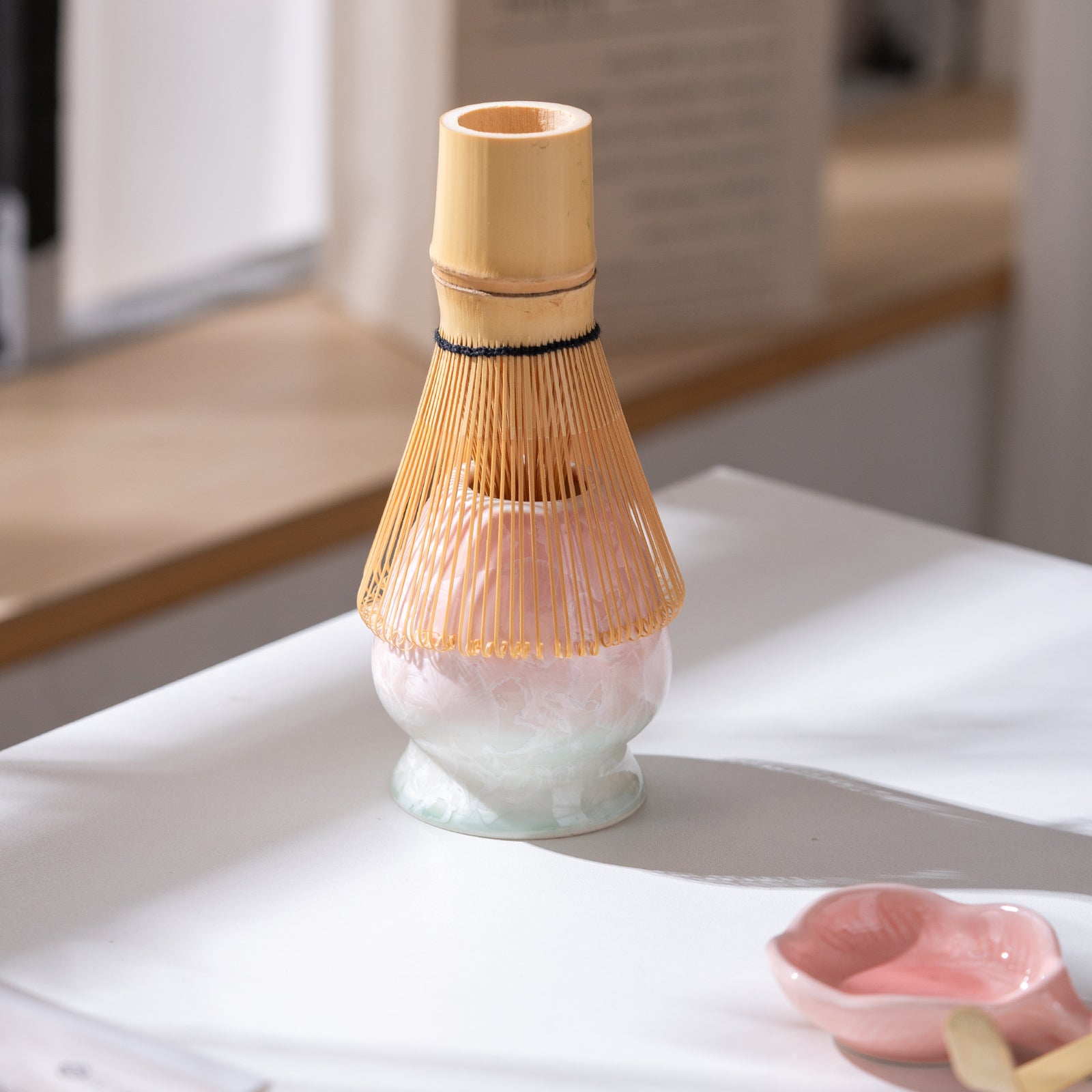 Pink Crystalline Glaze Heart Shaped Matcha Bowl Set