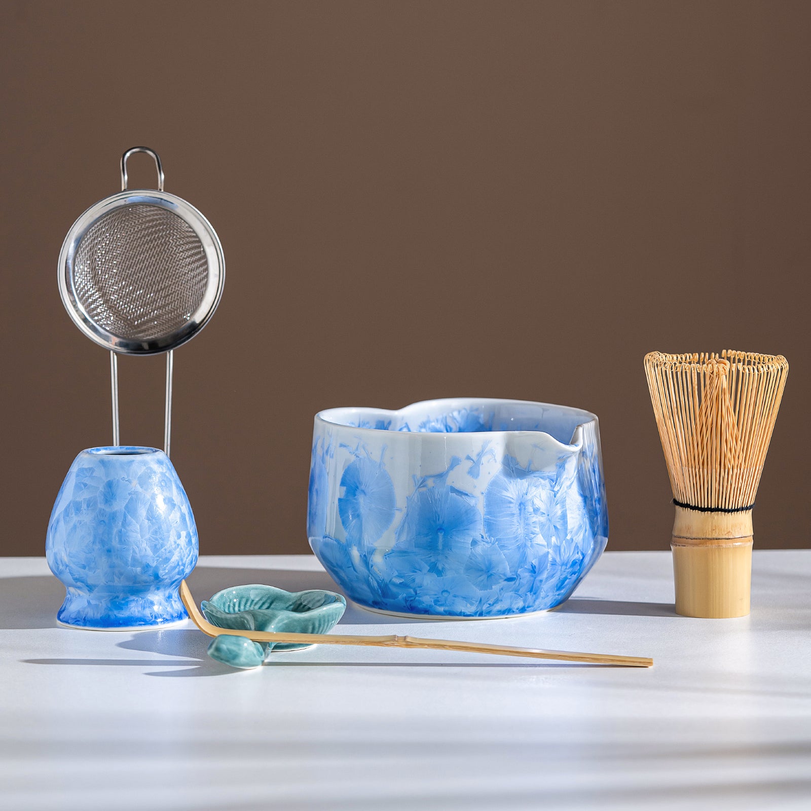 Blue Crystalline Glaze Heart Shaped Matcha Bowl Set