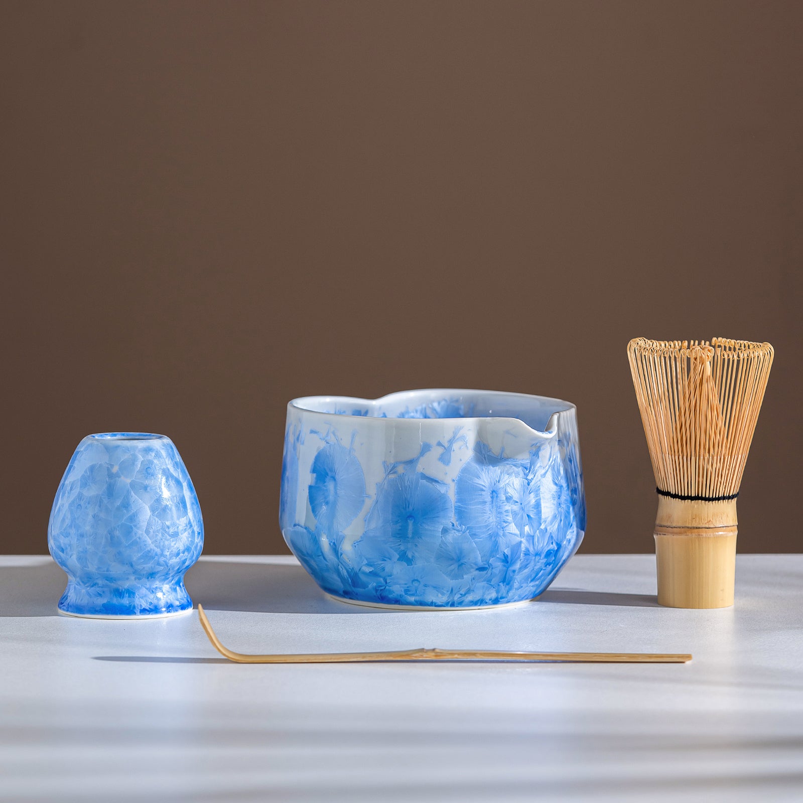 Blue Crystalline Glaze Heart Shaped Matcha Bowl Set