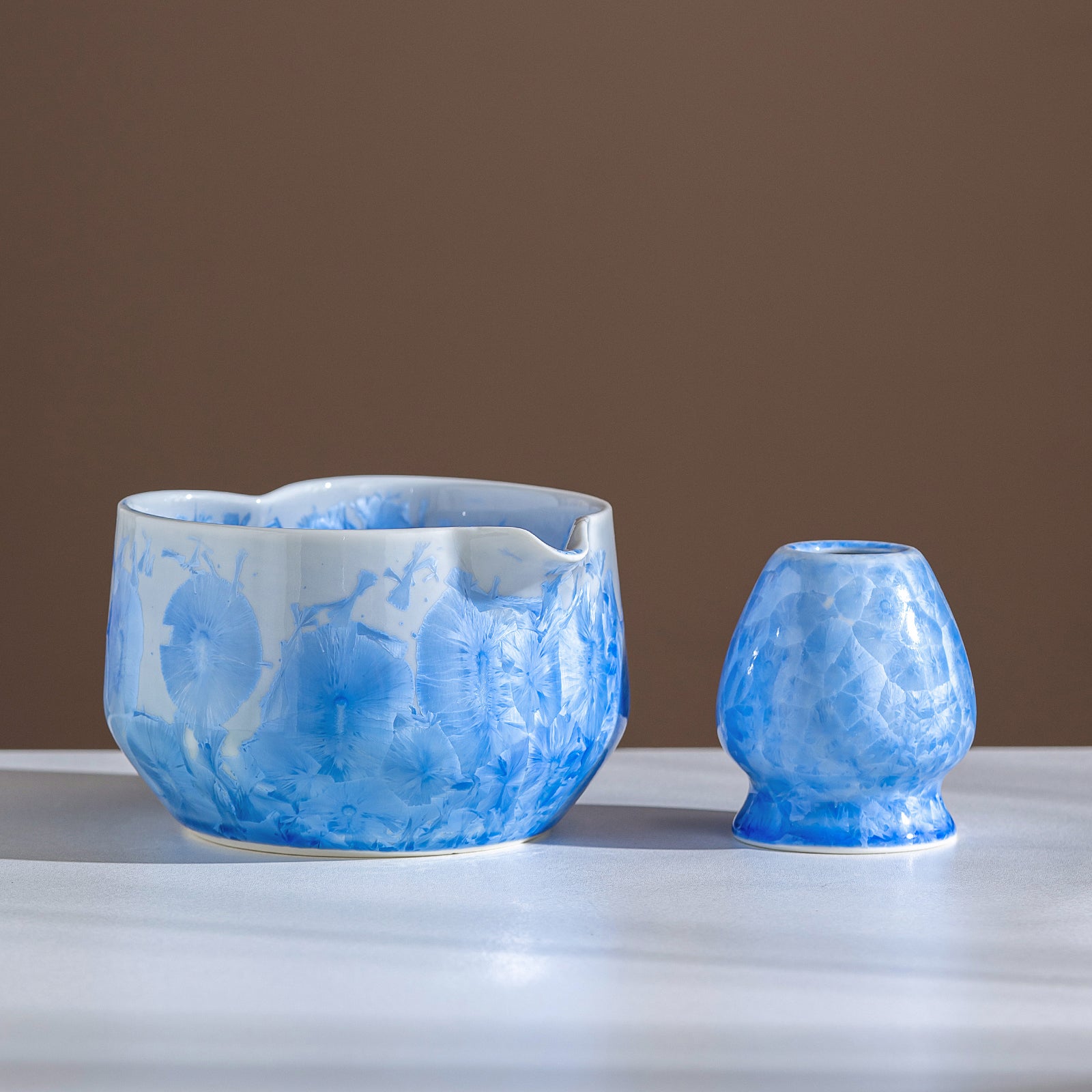 Blue Crystalline Glaze Heart Shaped Matcha Bowl Set