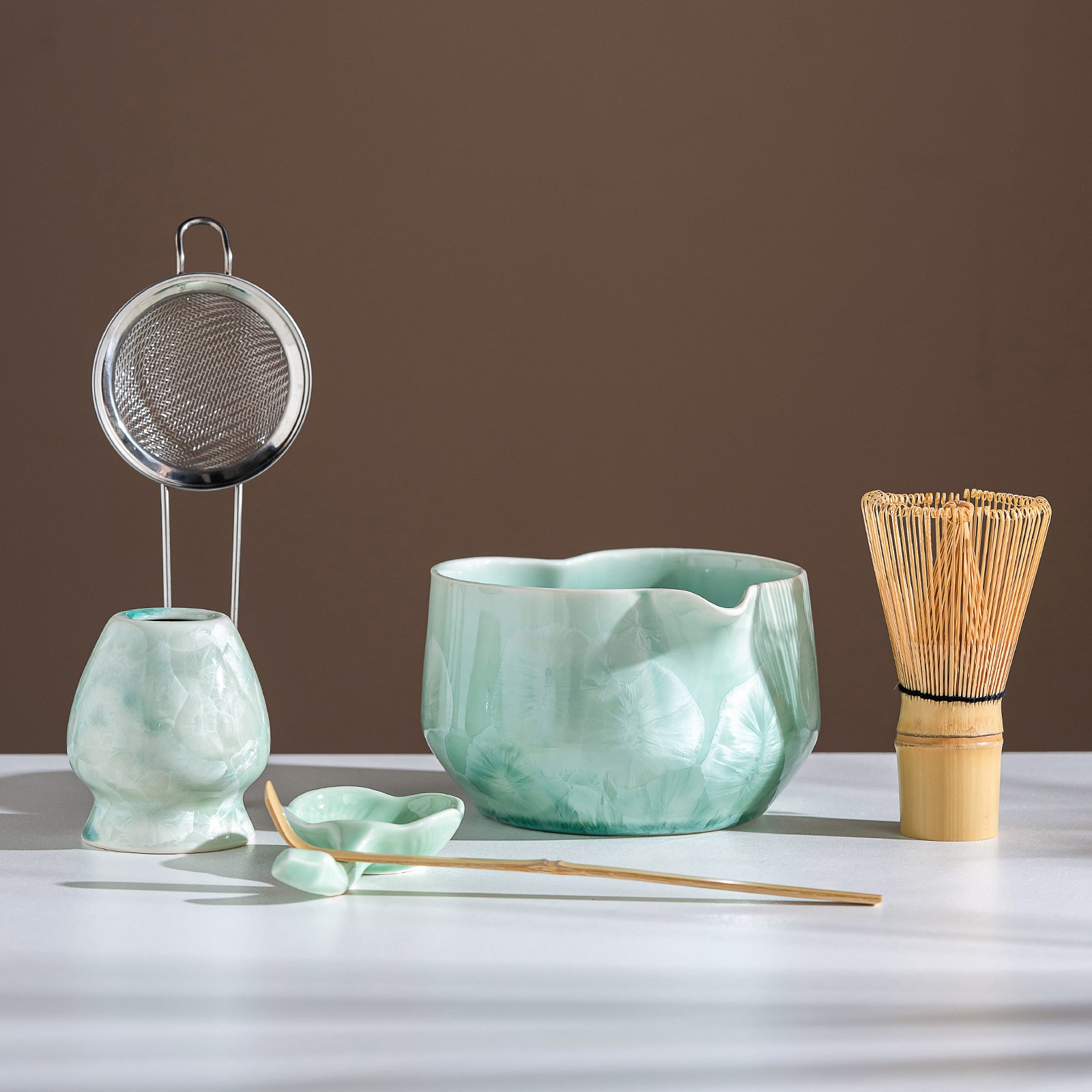 Green Crystalline Glaze Heart Shaped Matcha Bowl Set