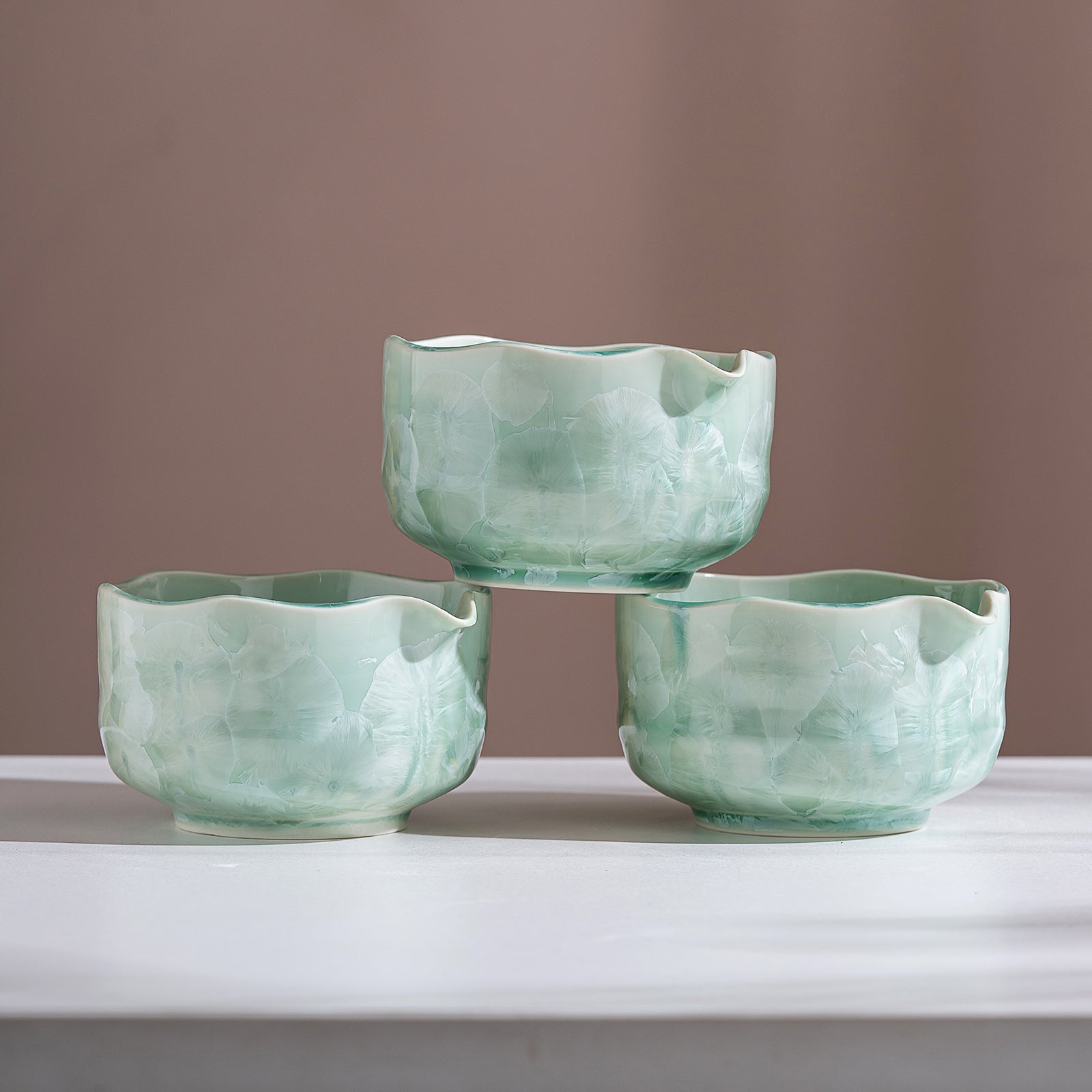 Green Crystalline Glaze Heart Shaped Matcha Bowl Set