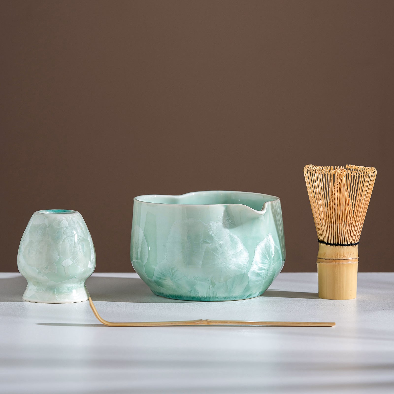 Green Crystalline Glaze Heart Shaped Matcha Bowl Set