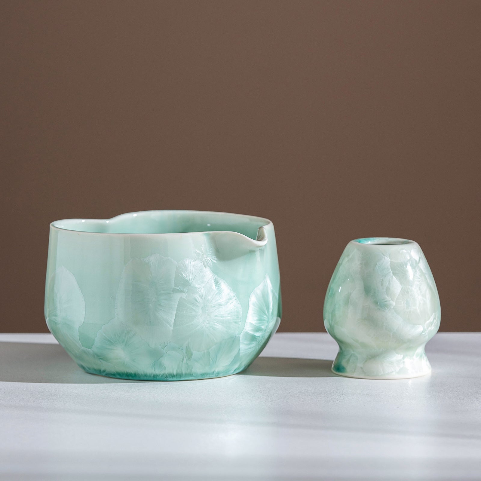 Green Crystalline Glaze Heart Shaped Matcha Bowl Set