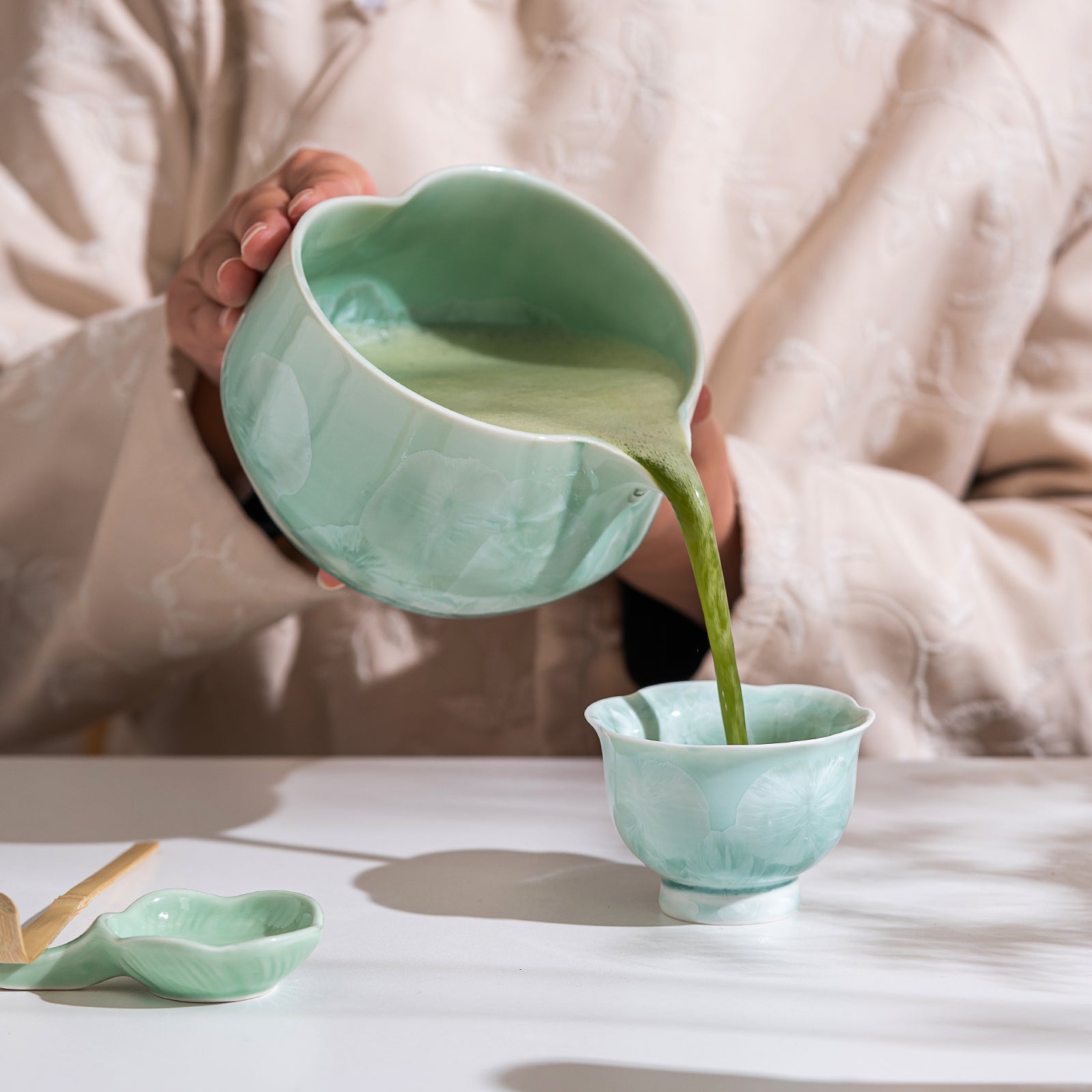 Green Crystalline Glaze Heart Shaped Matcha Bowl Set