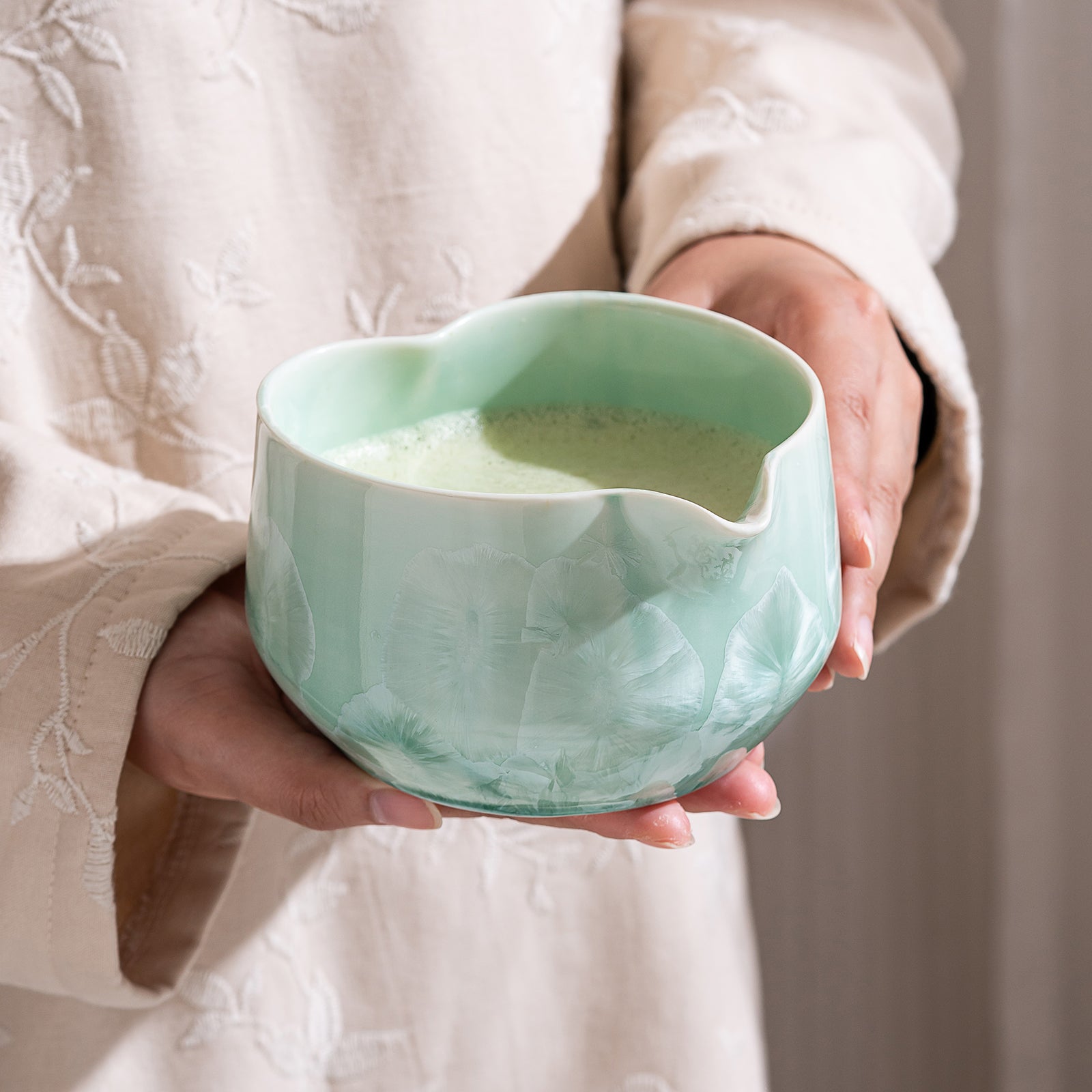 Green Crystalline Glaze Heart Shaped Matcha Bowl Set
