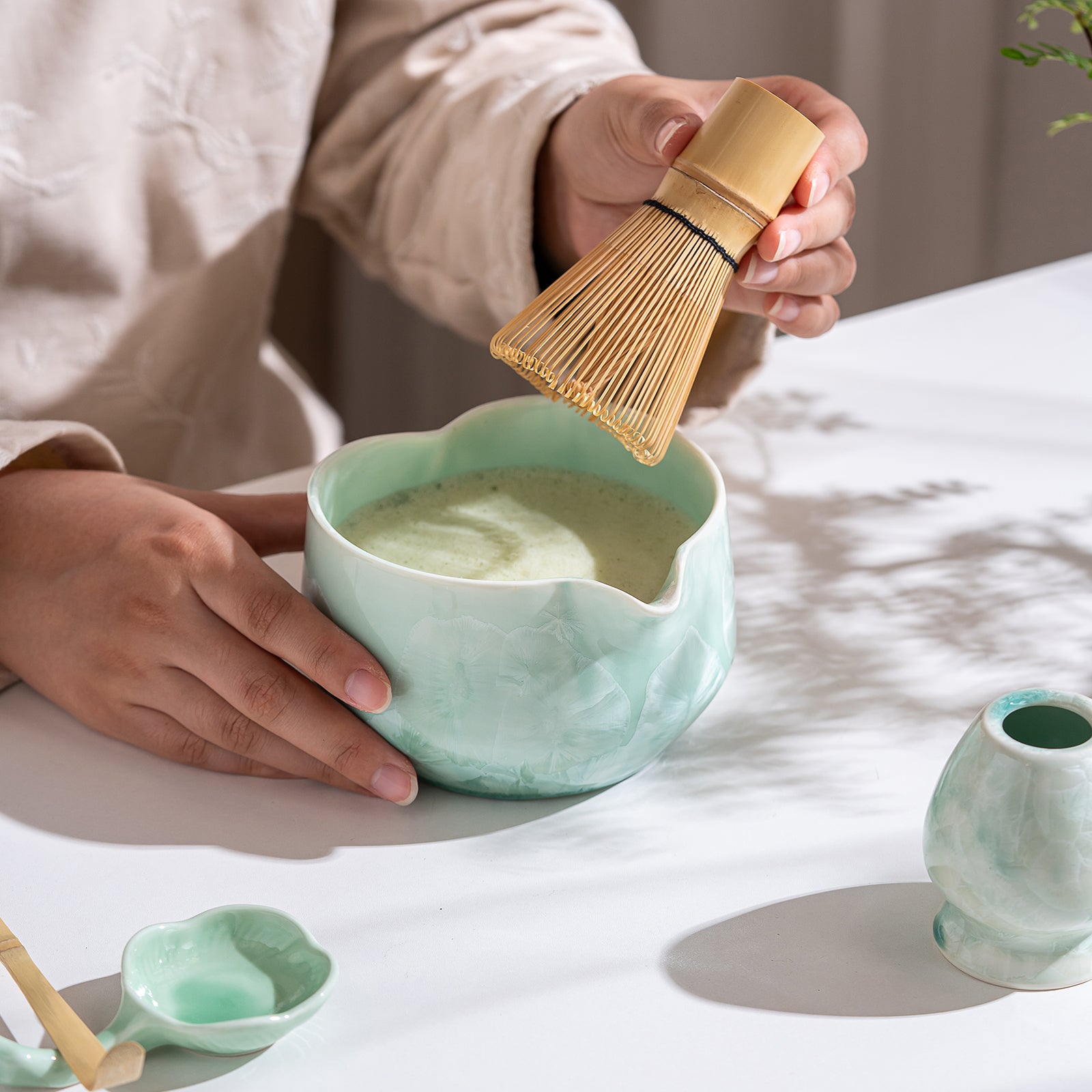 Green Crystalline Glaze Heart Shaped Matcha Bowl Set