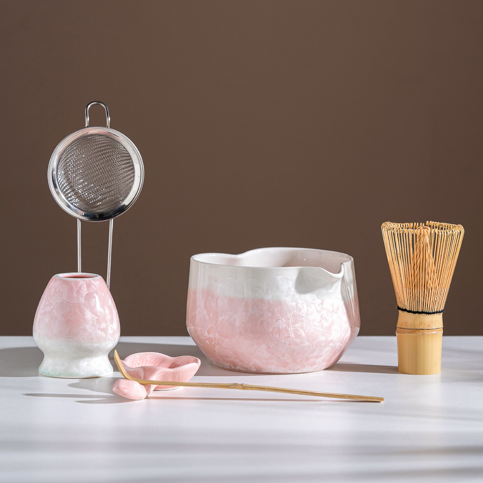 Pink Crystalline Glaze Heart Shaped Matcha Bowl Set