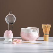 Pink Crystalline Glaze Heart Shaped Matcha Bowl Set