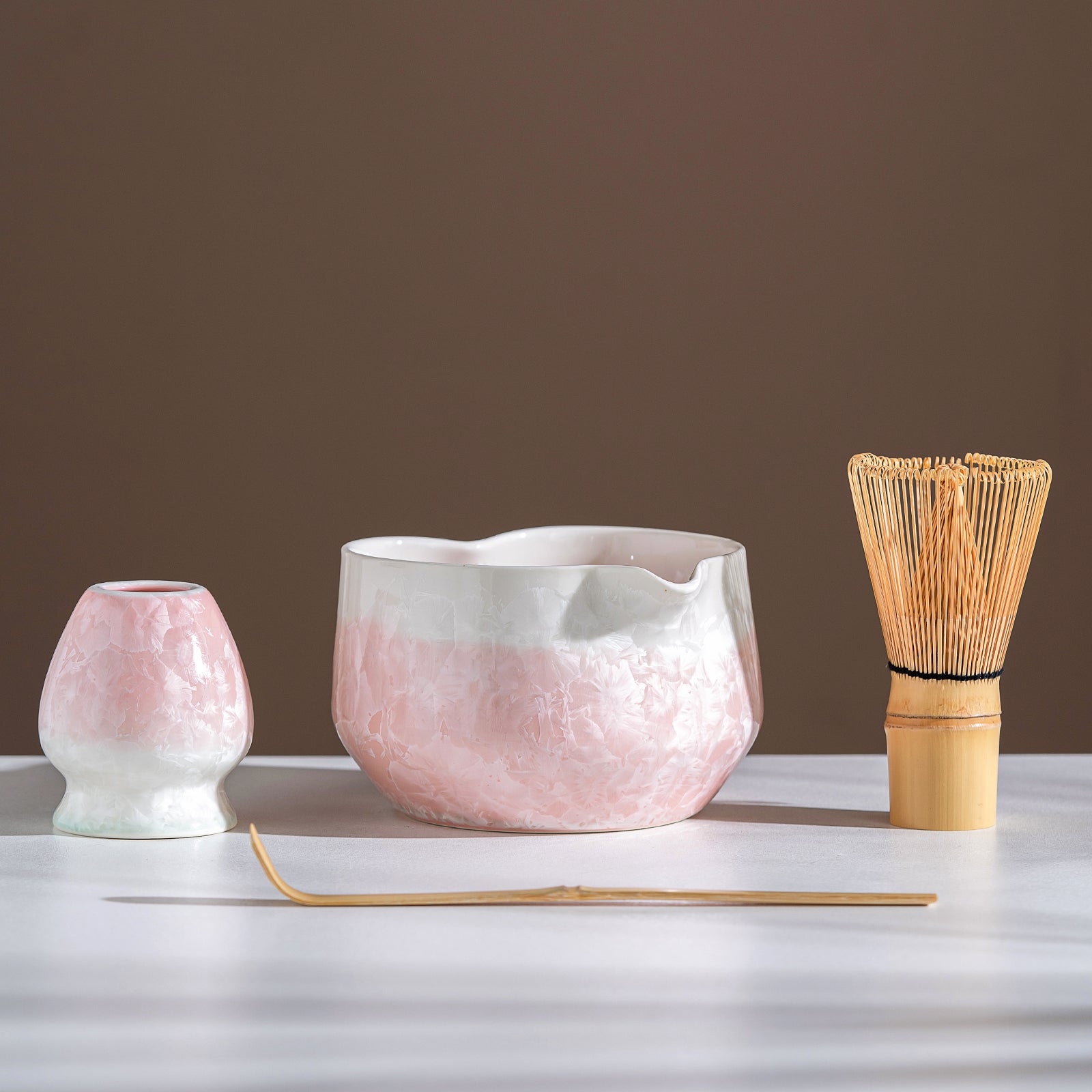Pink Crystalline Glaze Heart Shaped Matcha Bowl Set