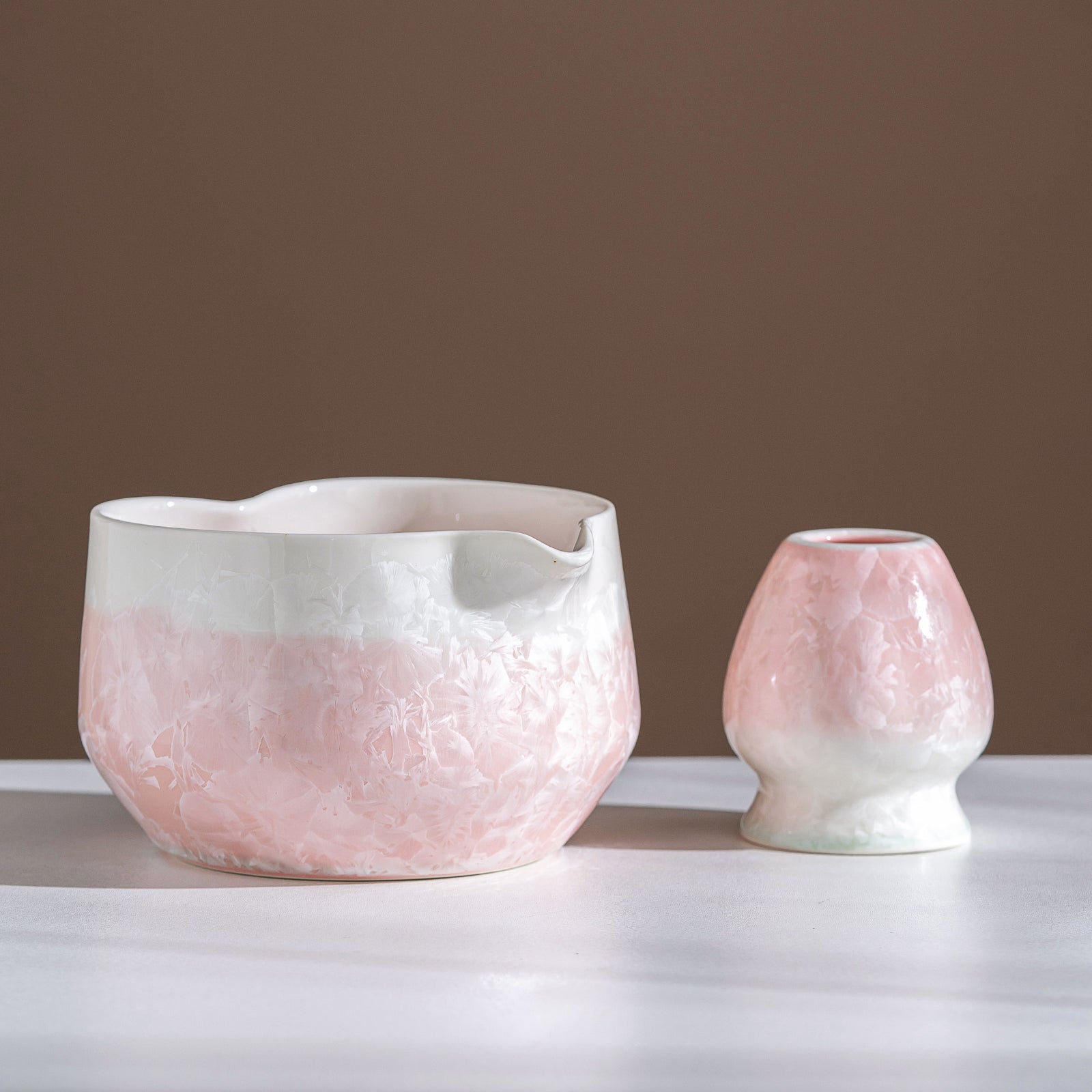 Pink Crystalline Glaze Heart Shaped Matcha Bowl Set