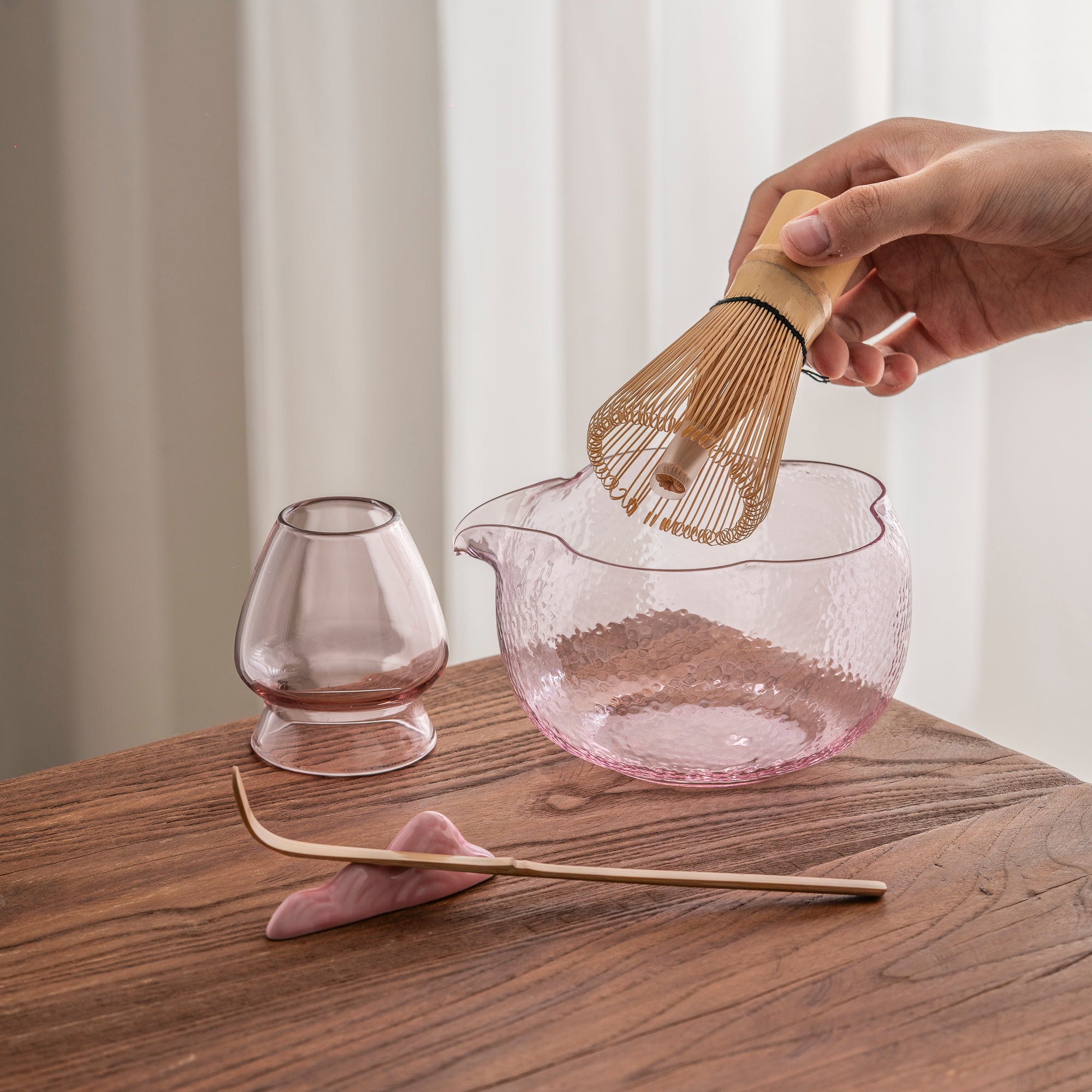 Pink Hammered Glass Matcha Set - Japanese Tea Ceremony Kit with Bamboo Whisk