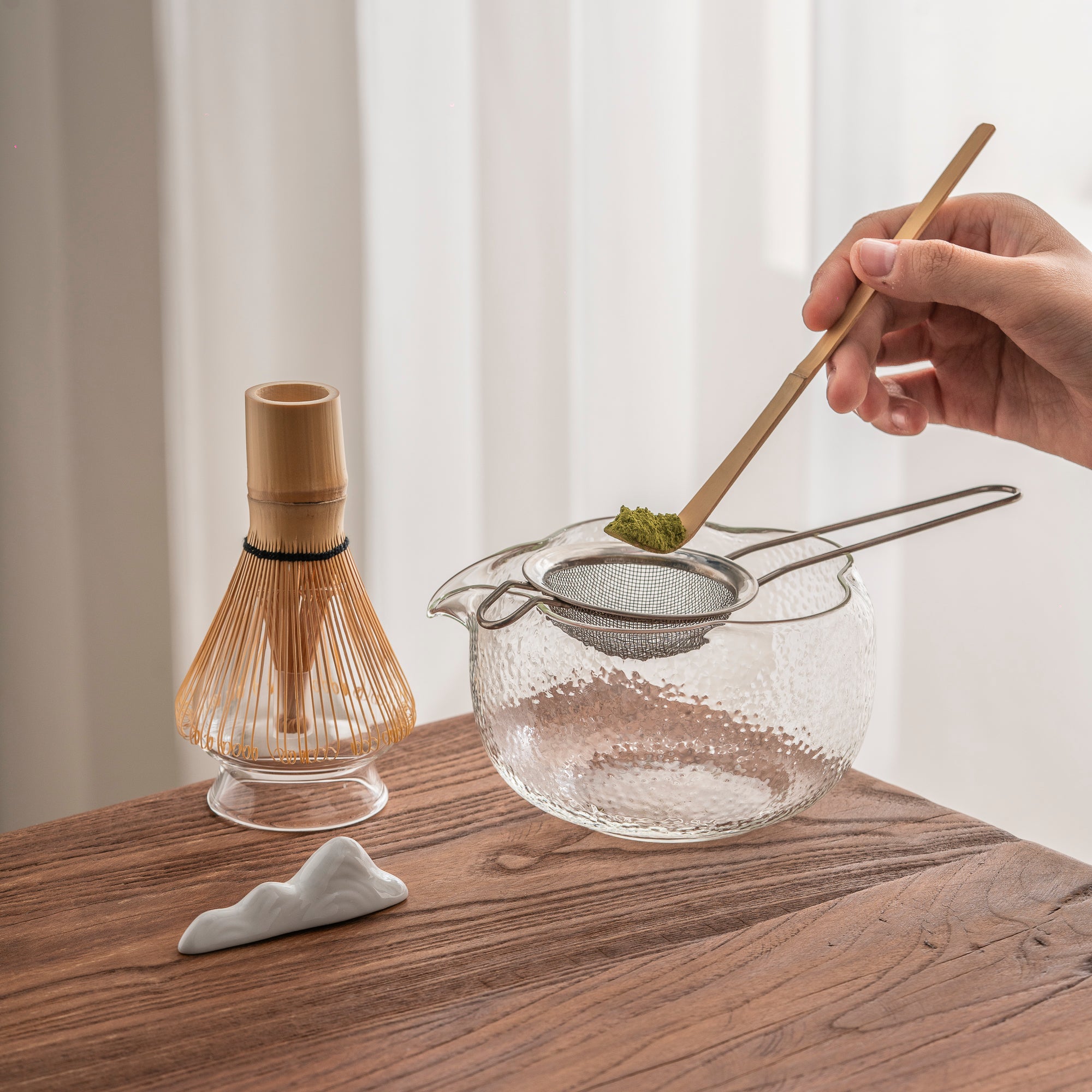 Matcha Bowl Set Petal Shaped Hammered Glass Chawan Bamboo Whisk