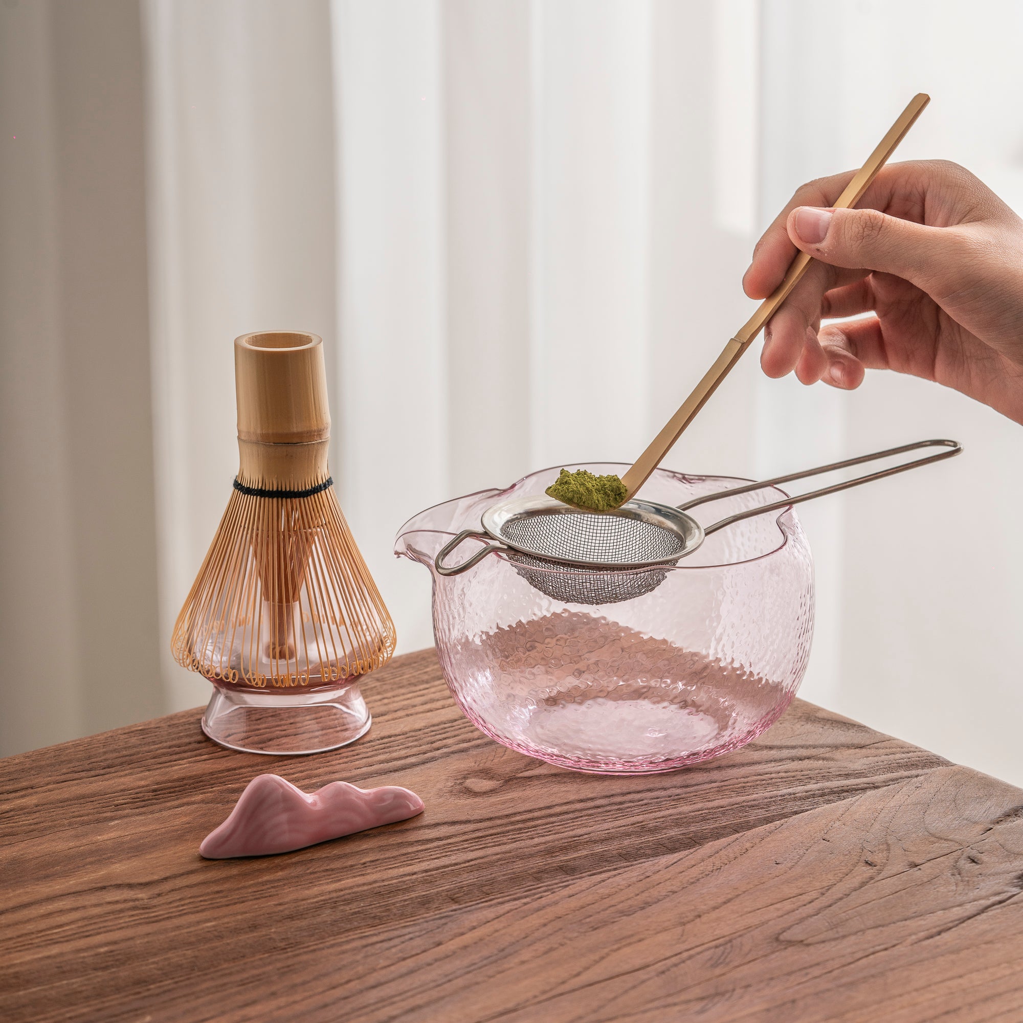 Pink Hammered Glass Matcha Set - Japanese Tea Ceremony Kit with Bamboo Whisk