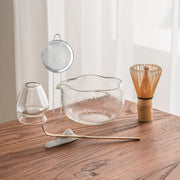 Matcha Bowl Set Petal Shaped Hammered Glass Chawan Bamboo Whisk