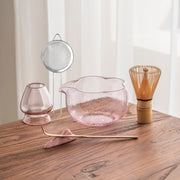 Pink Hammered Glass Matcha Set - Japanese Tea Ceremony Kit with Bamboo Whisk