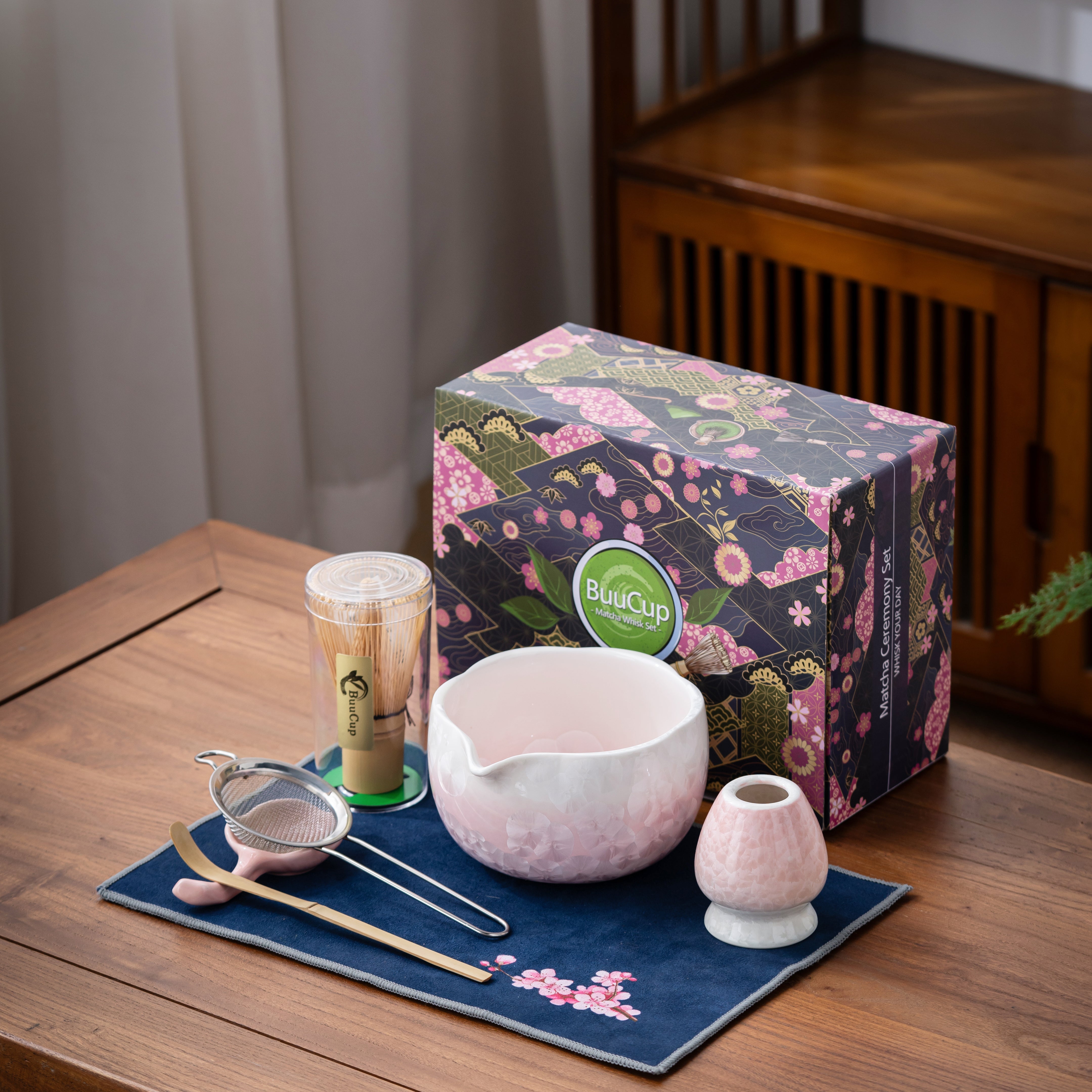 Pink Crystalline Glaze Matcha Bowl Set with Whisk