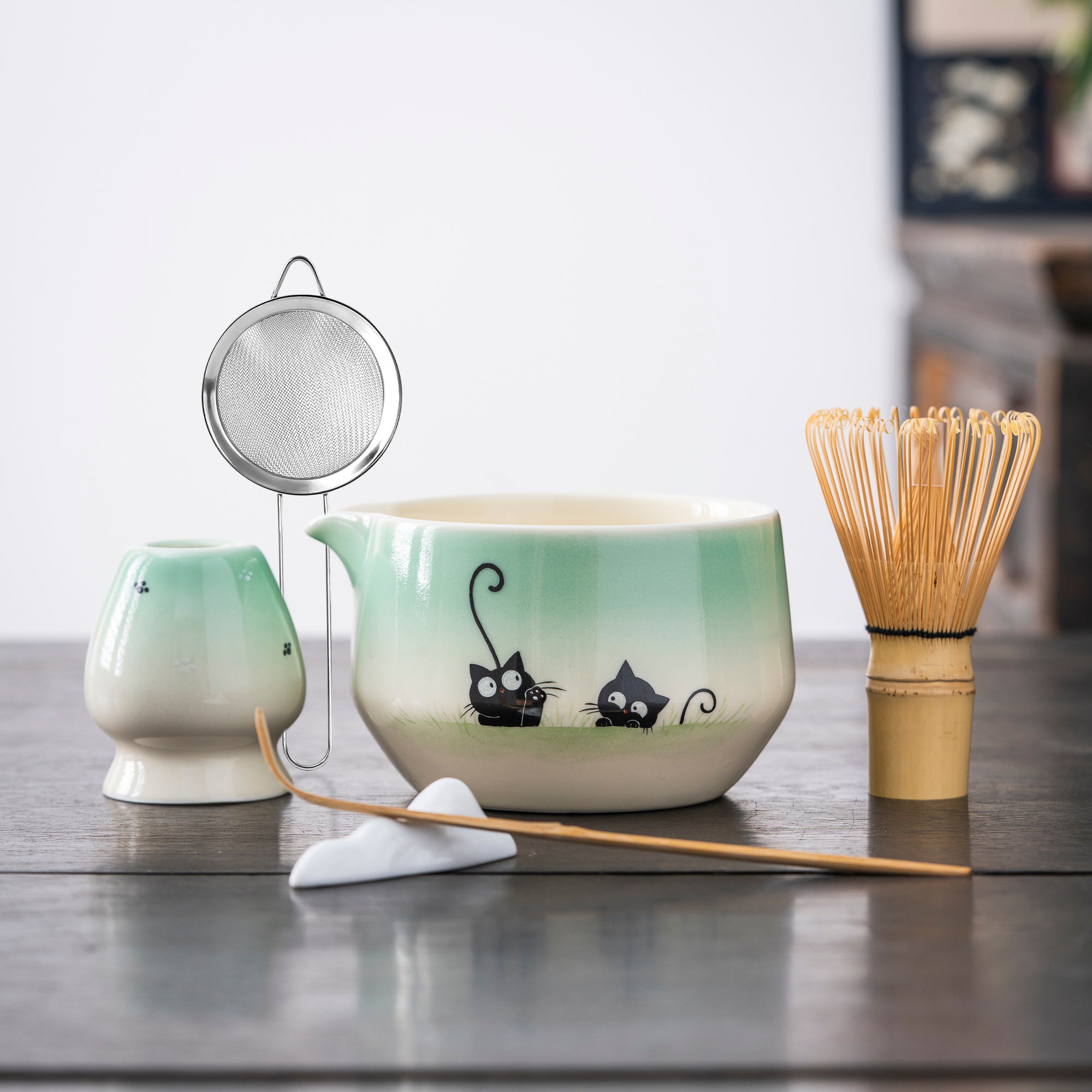 Hand-painted Black Cat Matcha Whisk Set