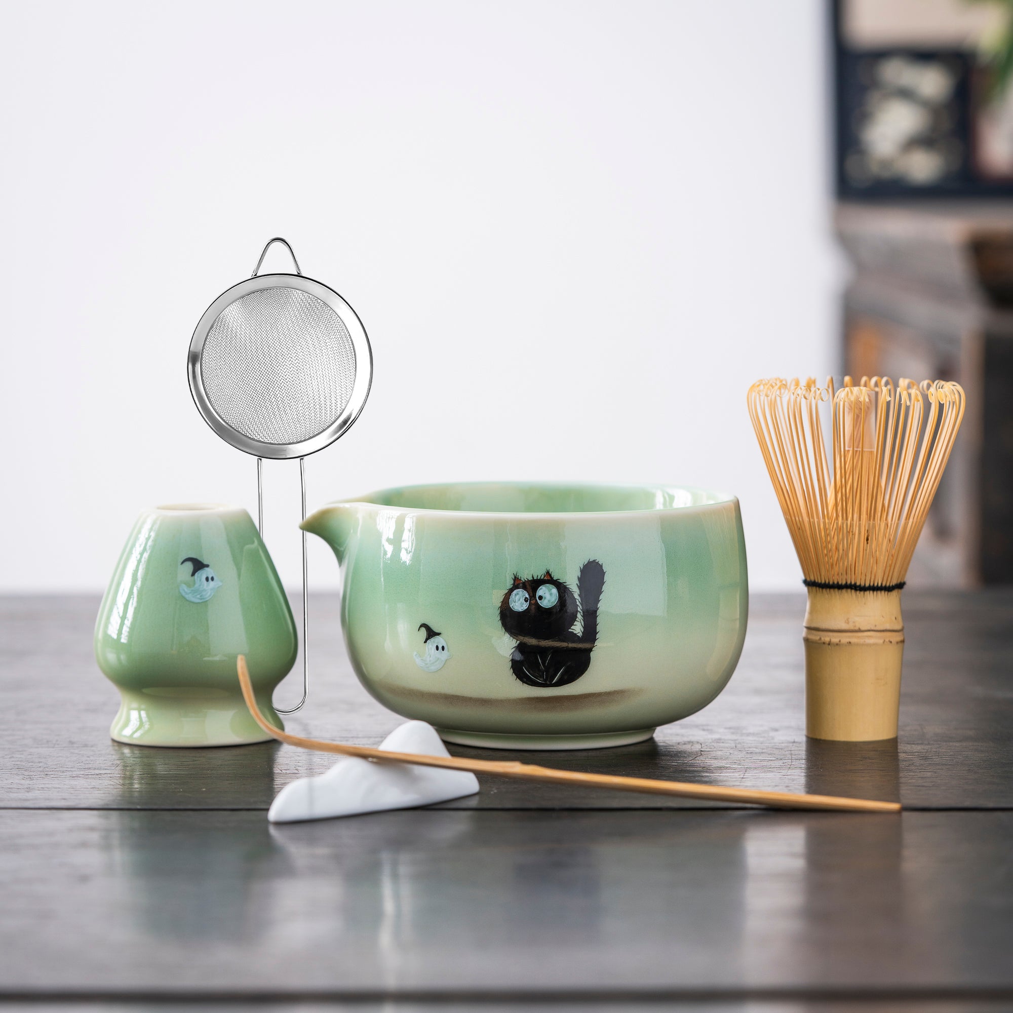 Hand-painted Black Cat & Ghost Matcha Set