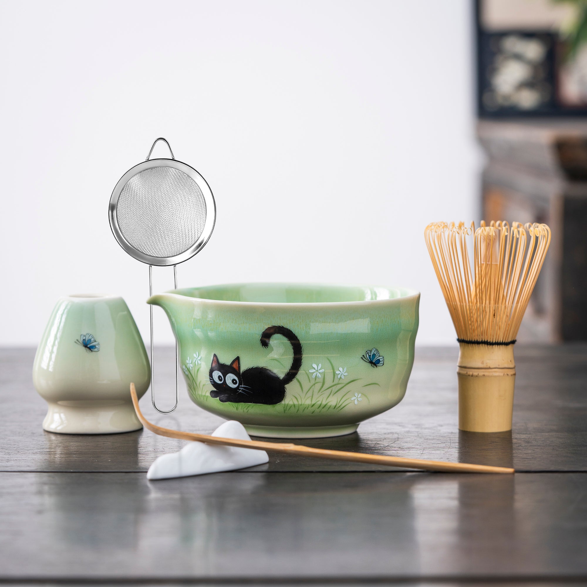 Hand - painted Cat & Butterfly Matcha Whisk Set