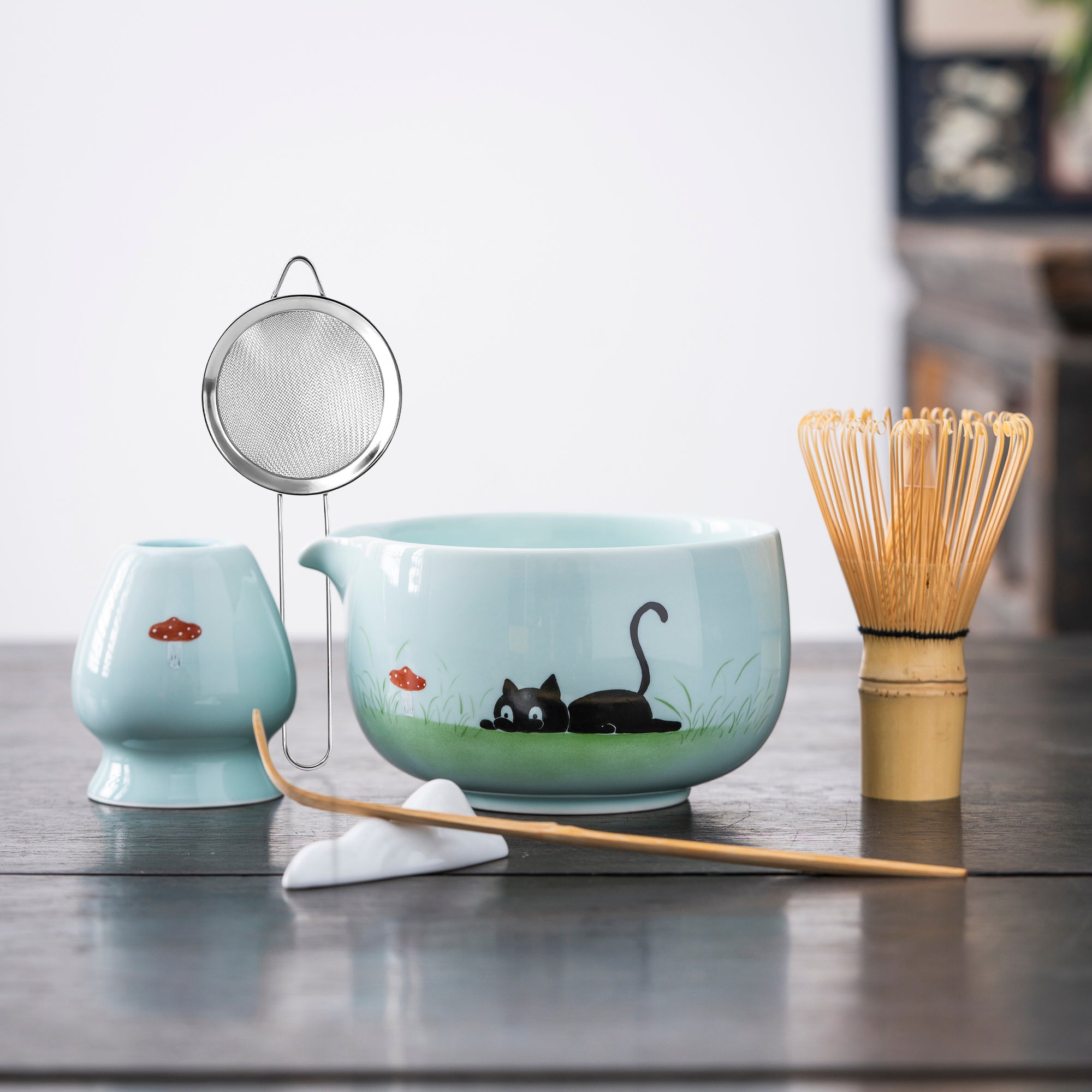 Hand - painted Black Cat & Mushroom Matcha Set