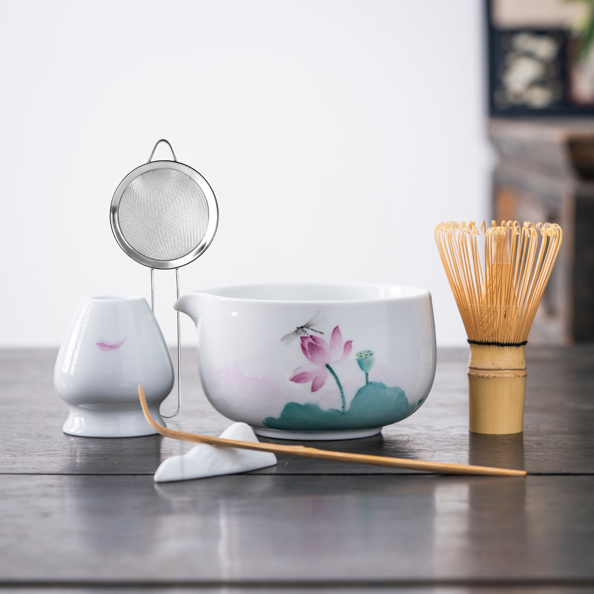 Hand - Painted Lotus & Dragonfly Matcha Set