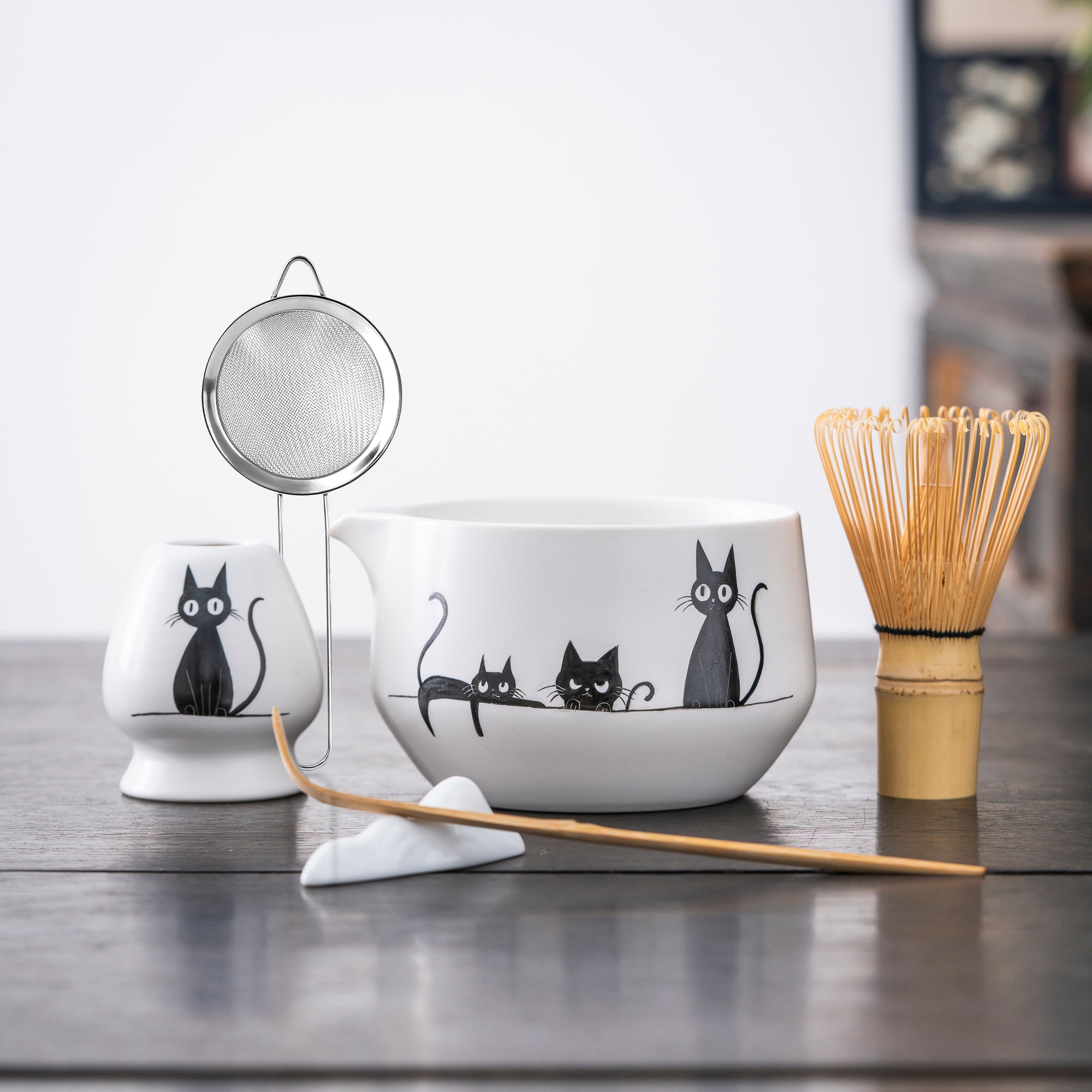 Hand - painted Black Cat Family Matcha Whisk Set