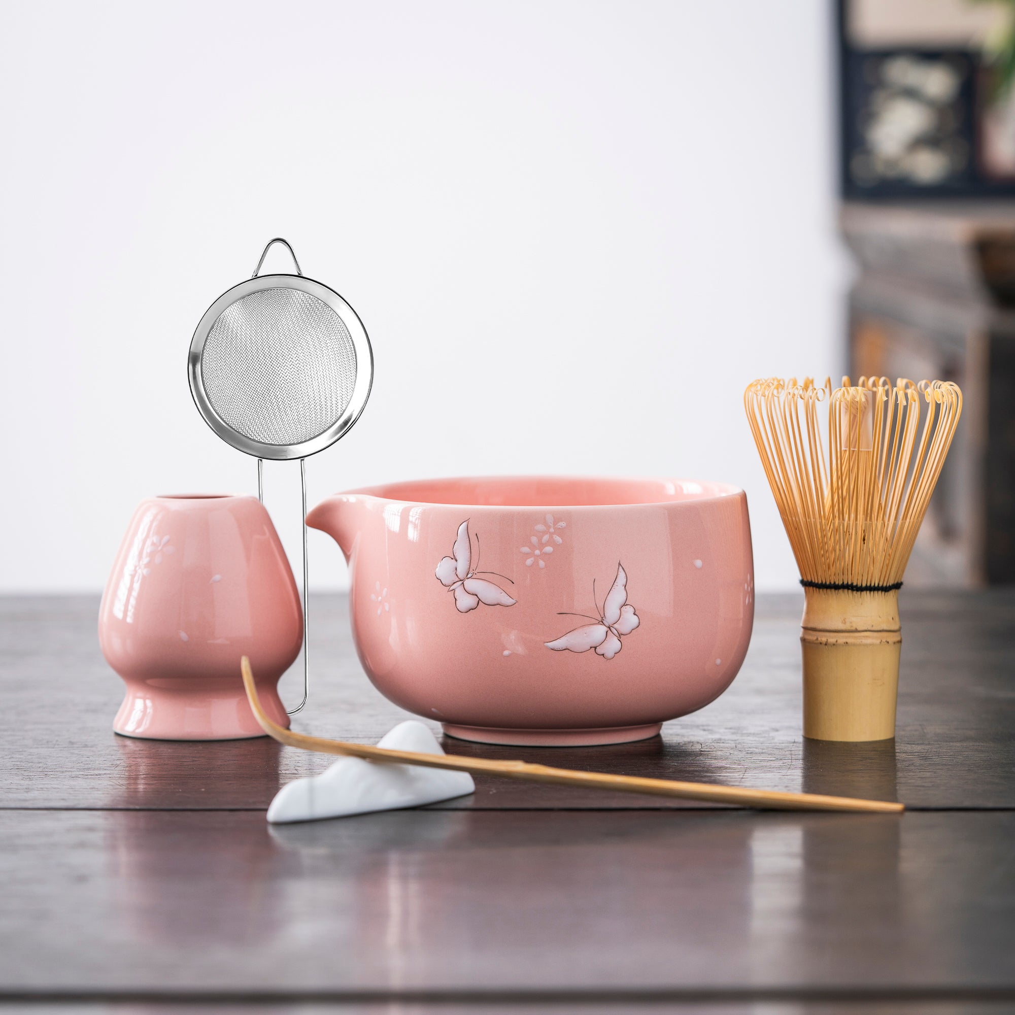 Hand - painted Butterfly Pink Matcha Whisk Set