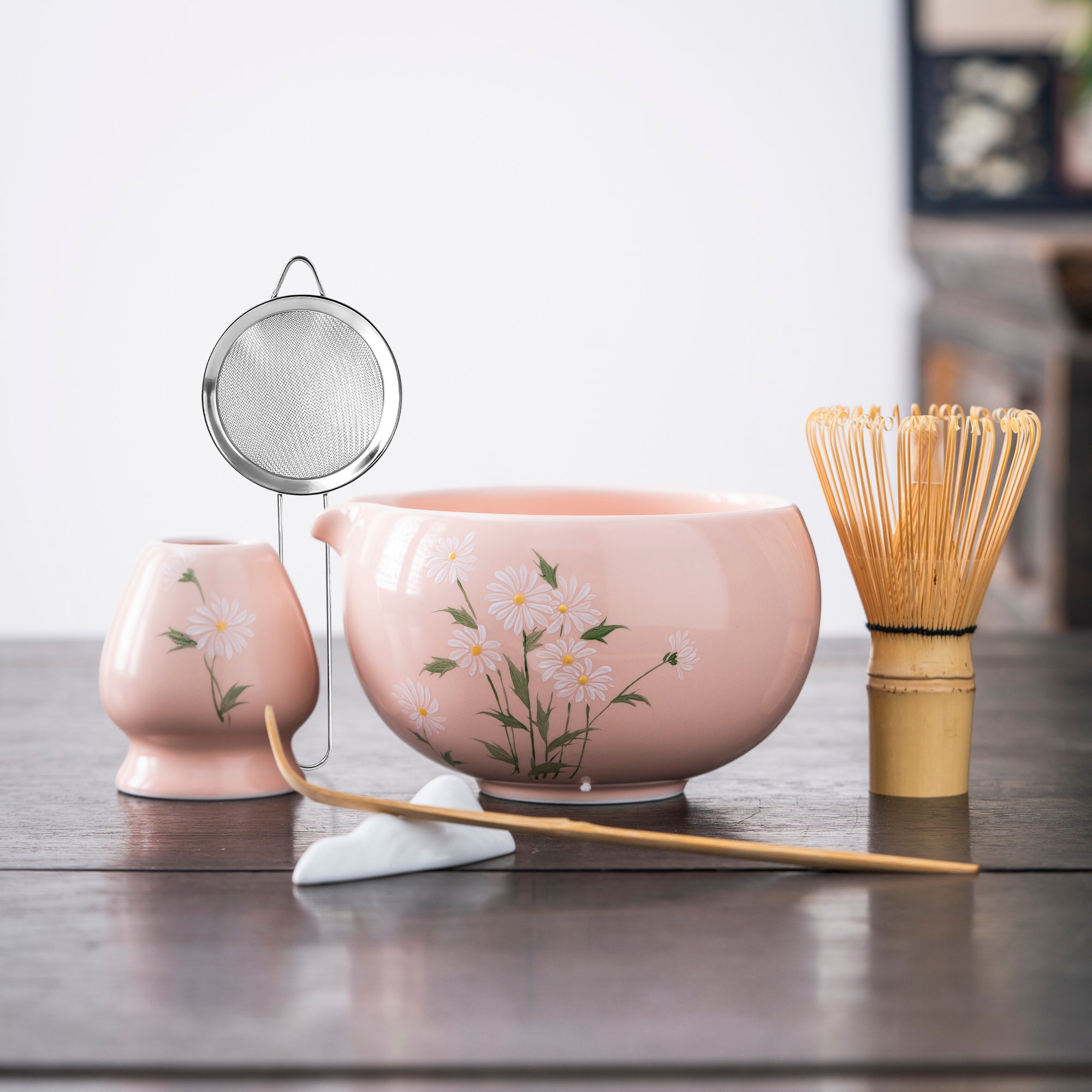 Pink Matcha Set with Hand - painted Daisy Motifs
