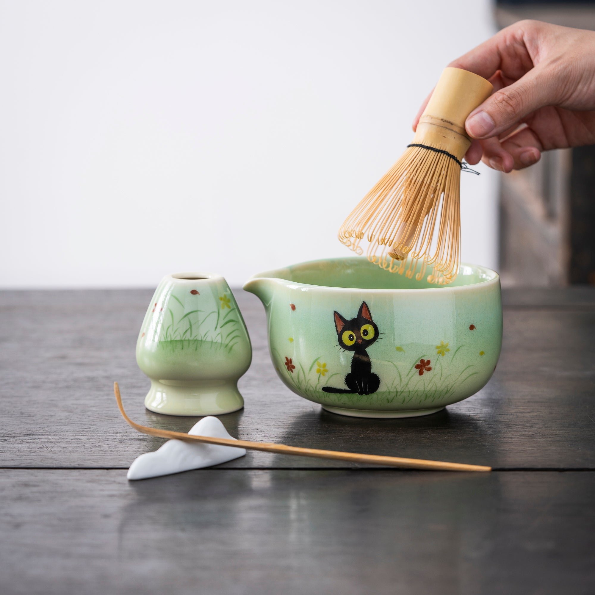 Adorable hand-drawn black cat Matcha Whisk Set