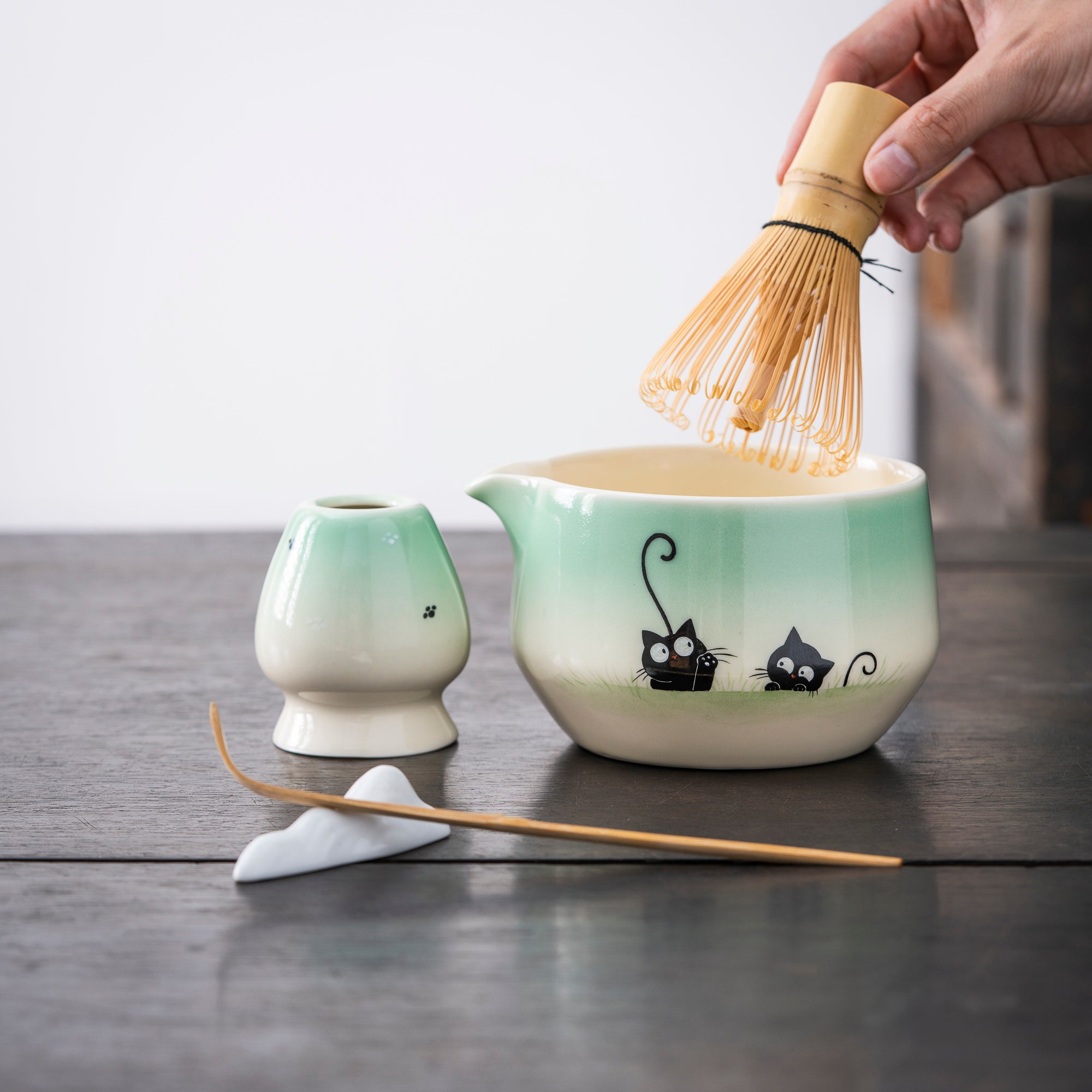 Hand-painted Black Cat Matcha Whisk Set