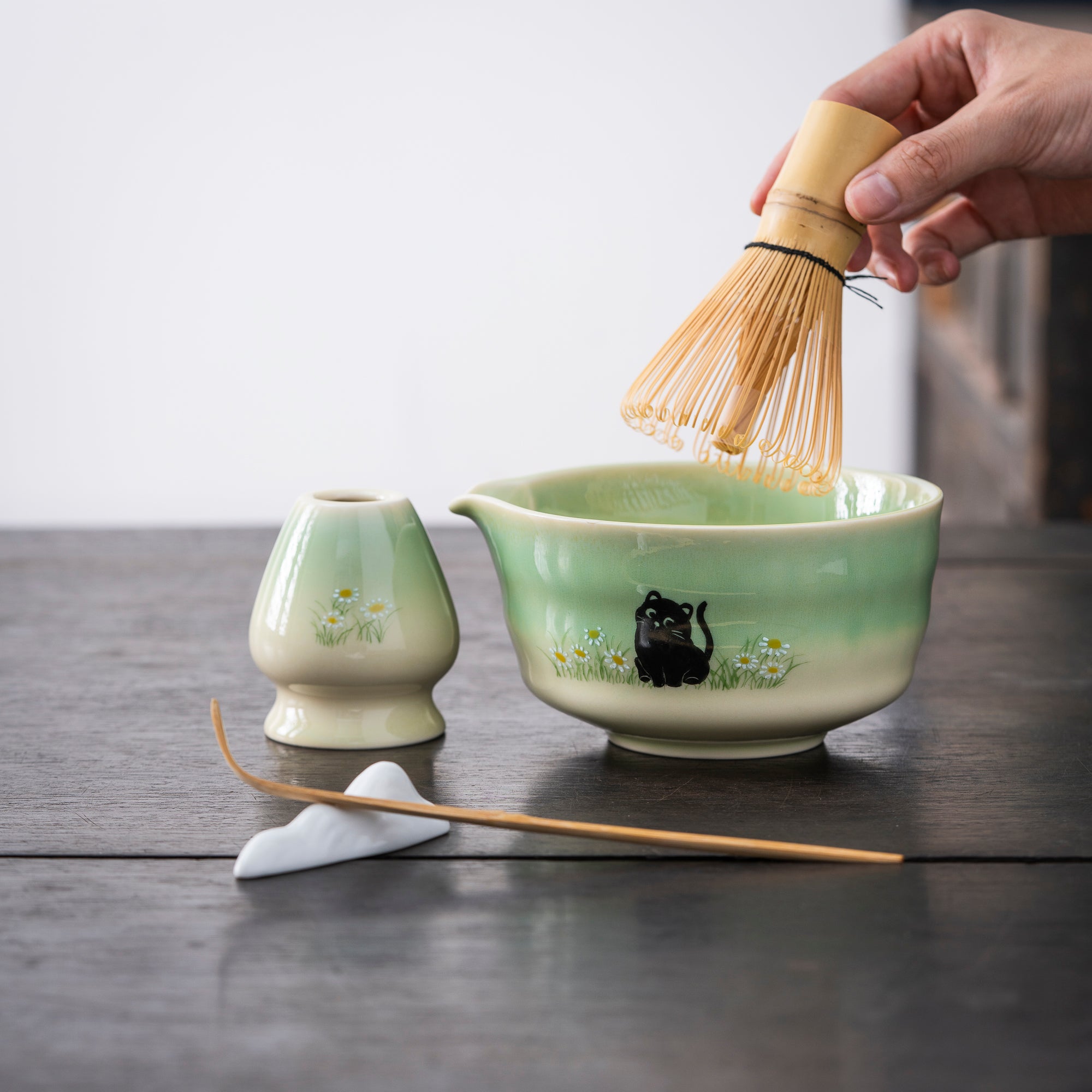 Hand-painted Black Cat & Daisy Matcha Set