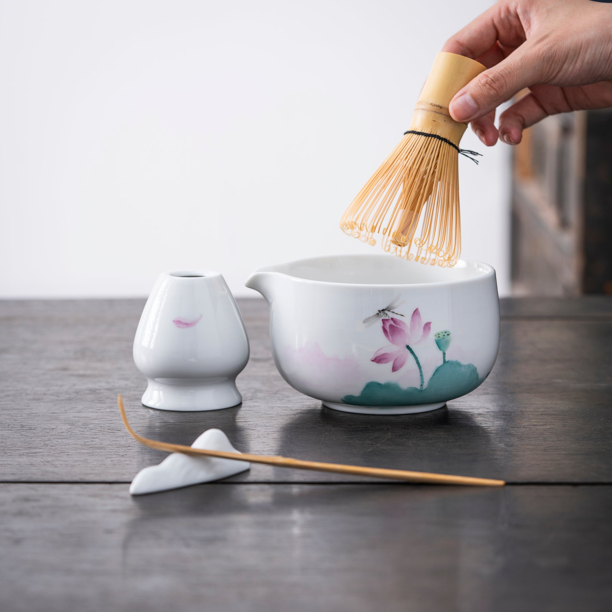 Hand - Painted Lotus & Dragonfly Matcha Set