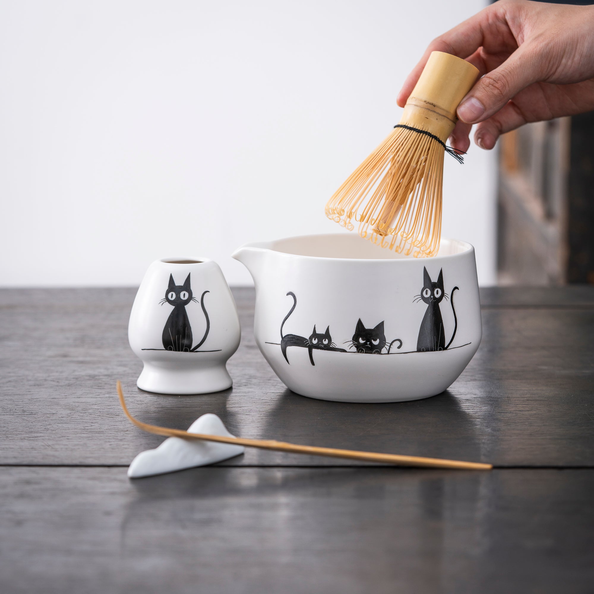 Hand - painted Black Cat Family Matcha Whisk Set