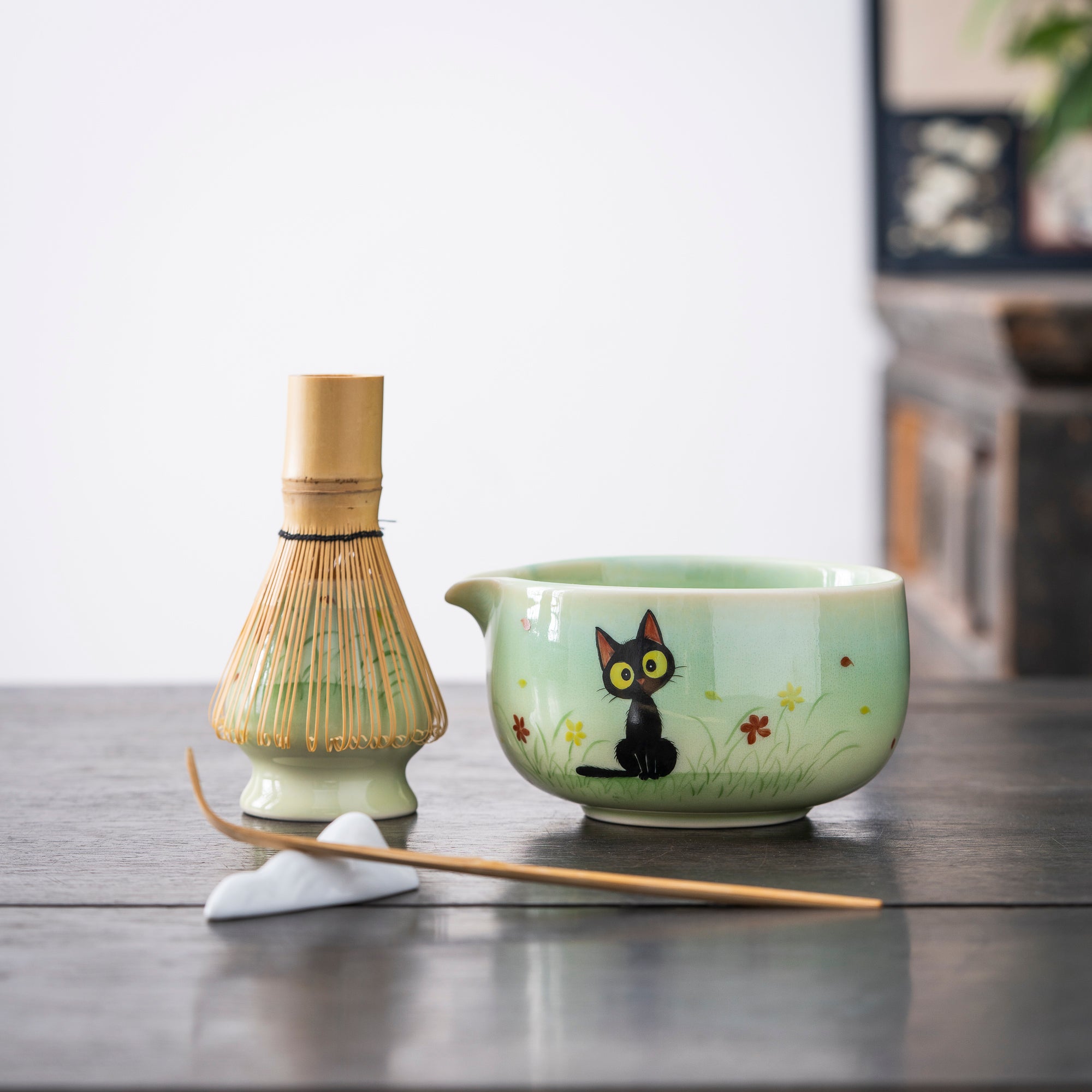 Adorable hand-drawn black cat Matcha Whisk Set